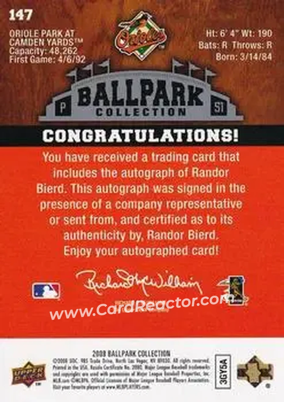 2008 Upper Deck Ballpark Collection #147 - Randor Bierd - Baltimore Orioles - Back