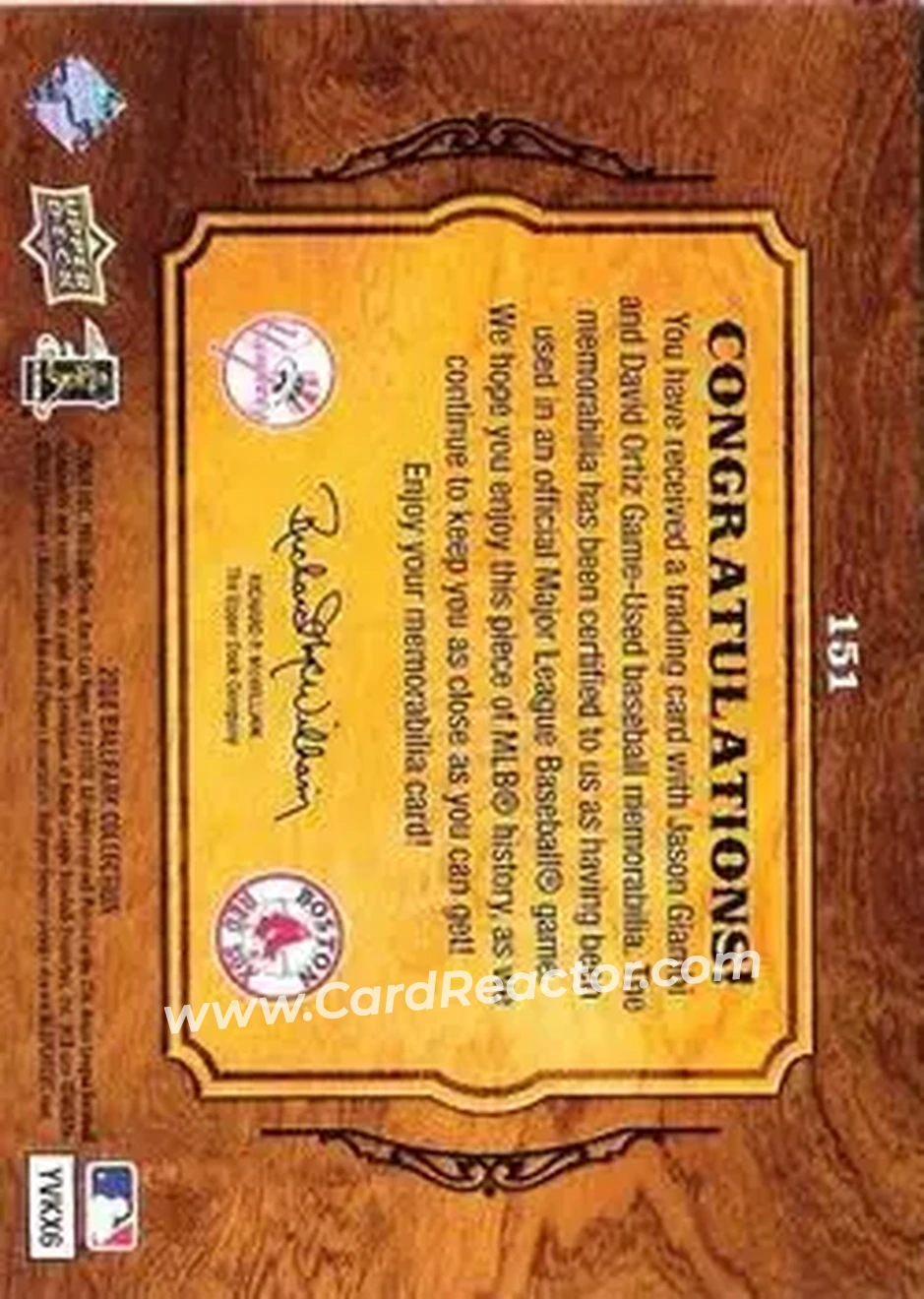 2008 Upper Deck Ballpark Collection #151 - David Ortiz - Jason Giambi MEM - Boston Red Sox - New York Yankees - Back