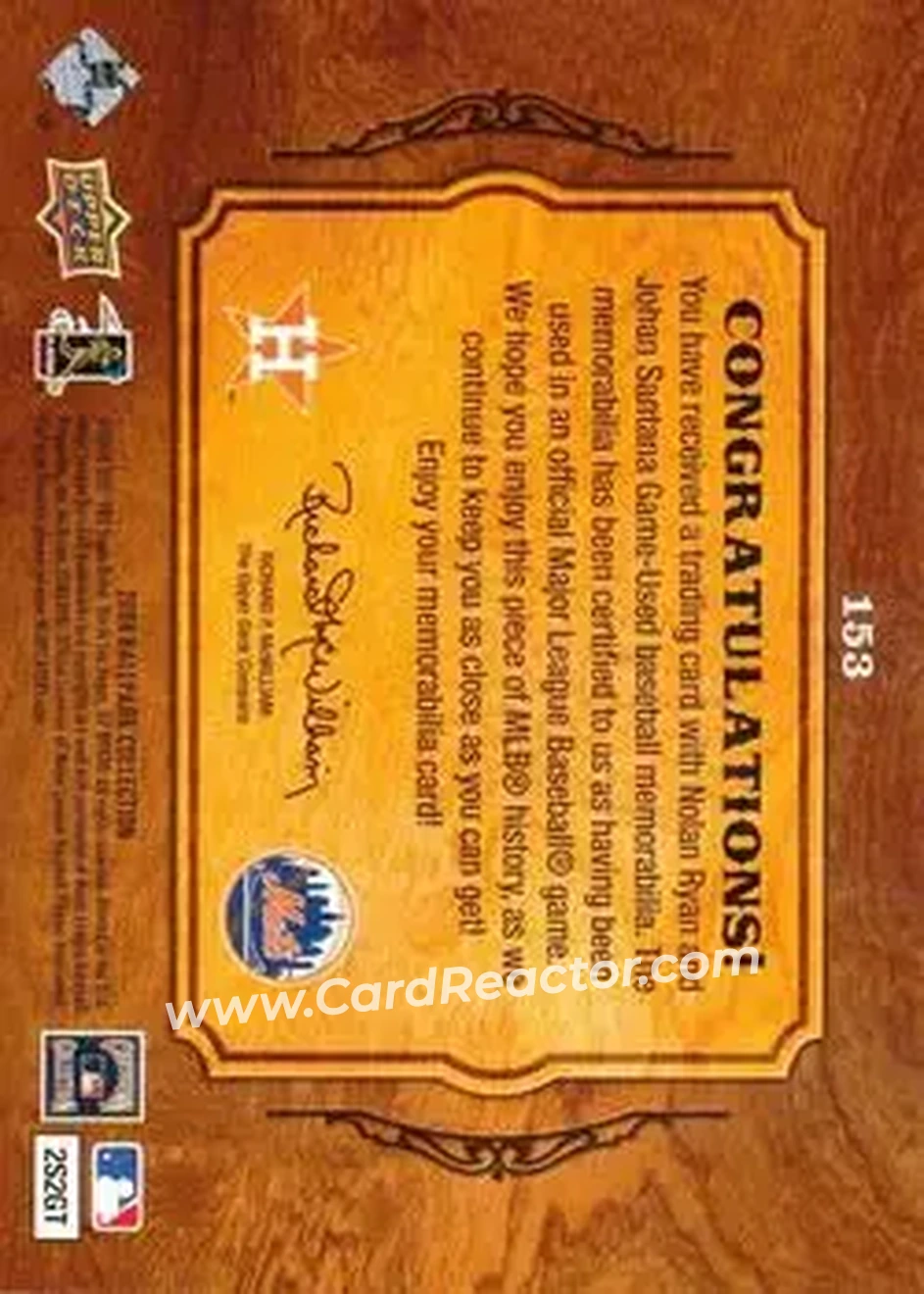 2008 Upper Deck Ballpark Collection #153 - Nolan Ryan - Johan Santana MEM - Houston Astros - New York Mets - Back