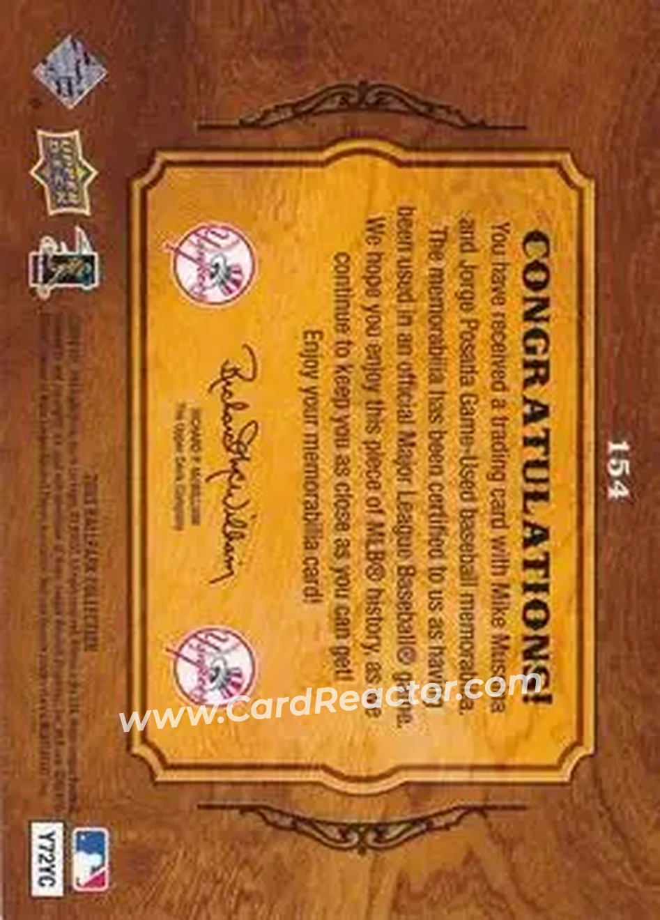 2008 Upper Deck Ballpark Collection #154 - Mike Mussina - Jorge Posada MEM - New York Yankees - New York Yankees - Back
