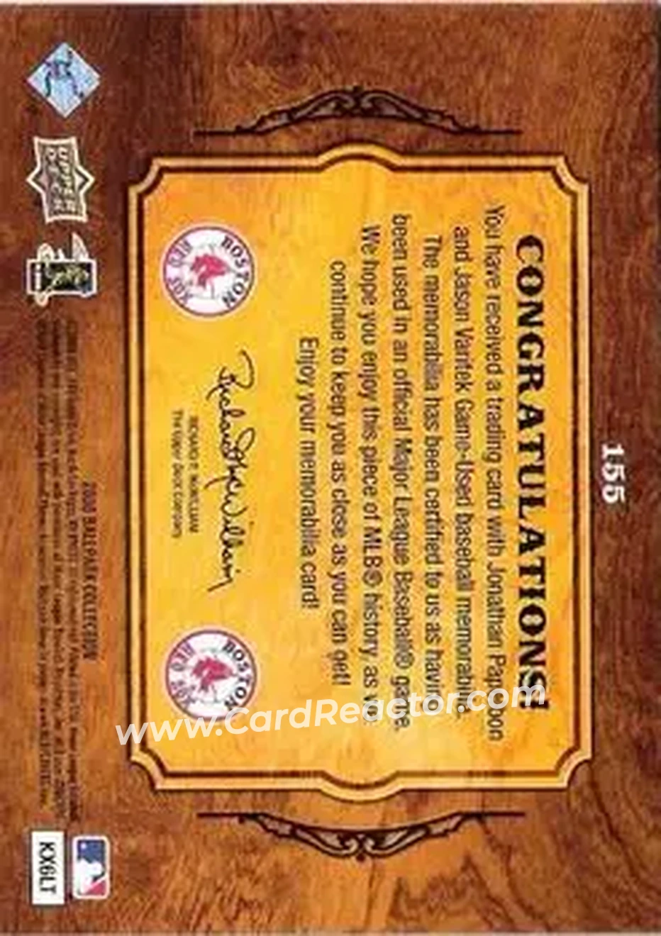 2008 Upper Deck Ballpark Collection #155 - Jonathan Papelbon - Jason Varitek MEM - Boston Red Sox - Boston Red Sox - Back
