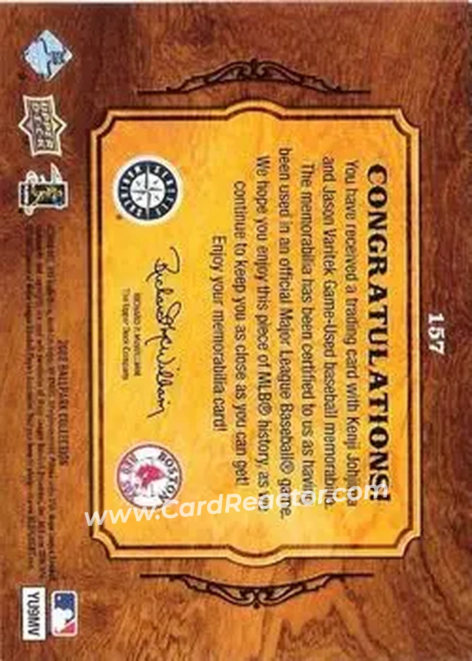 2008 Upper Deck Ballpark Collection #157 - Kenji Johjima - Jason Varitek MEM - Seattle Mariners - Boston Red Sox - Back 2008 Upper Deck Ballpark Collection #157 - Kenji Johjima - Jason Varitek MEM - Seattle Mariners - Boston Red Sox - Back