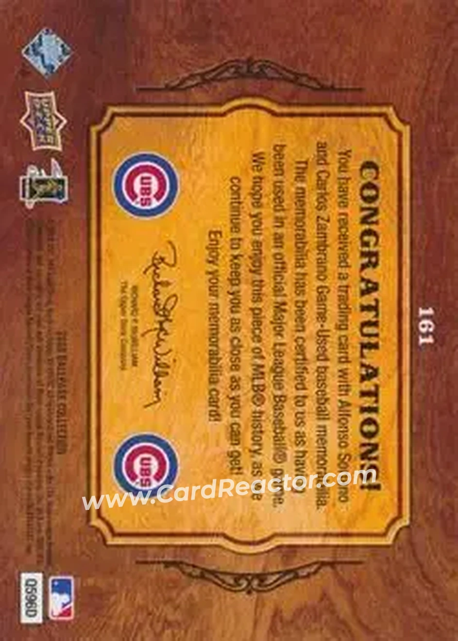 2008 Upper Deck Ballpark Collection #161 - Alfonso Soriano - Carlos Zambrano MEM - Chicago Cubs - Chicago Cubs - Back