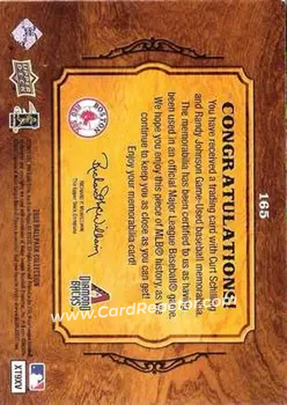 2008 Upper Deck Ballpark Collection #165 - Curt Schilling - Randy Johnson MEM - Boston Red Sox - Arizona Diamondbacks - Back