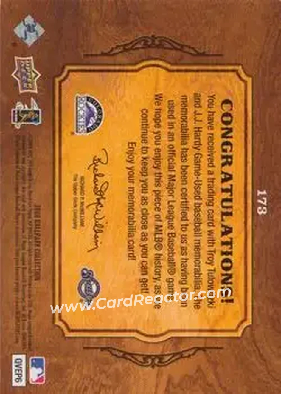 2008 Upper Deck Ballpark Collection #173 - Troy Tulowitzki - J.J. Hardy MEM - Colorado Rockies - Milwaukee Brewers - Back