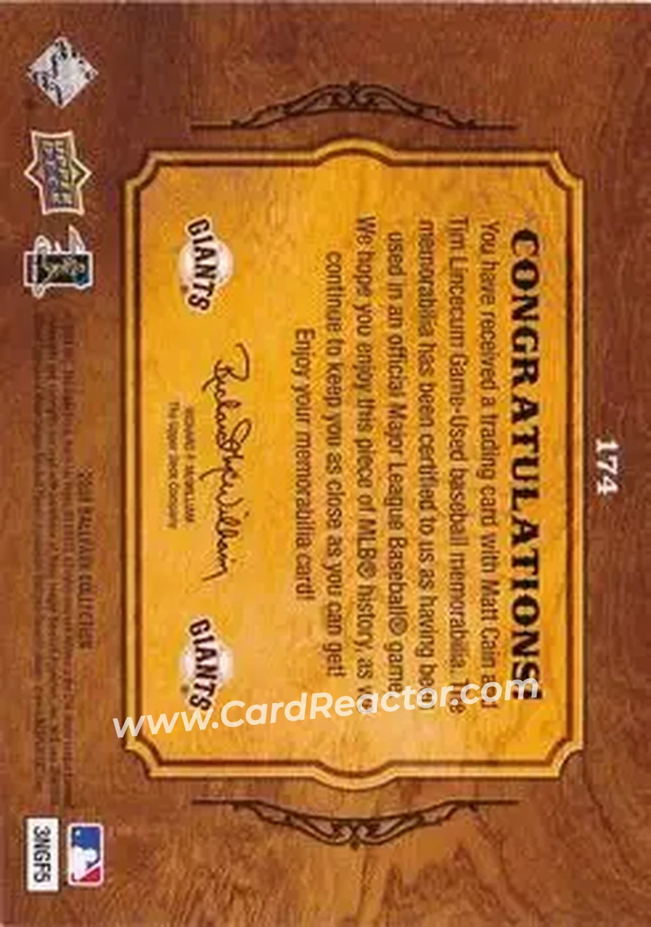 2008 Upper Deck Ballpark Collection #174 - Matt Cain - Tim Lincecum MEM - San Francisco Giants - San Francisco Giants - Back
