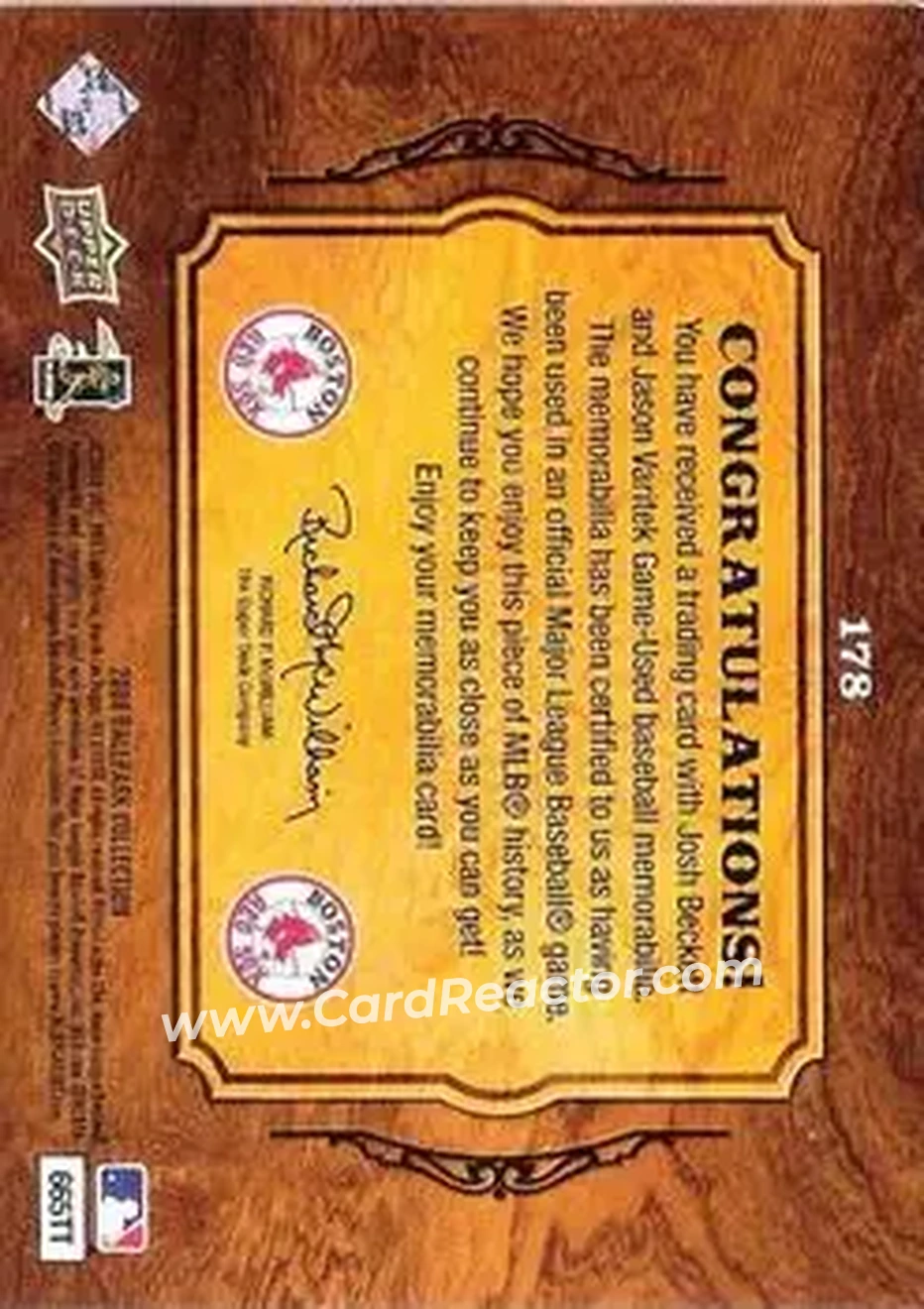 2008 Upper Deck Ballpark Collection #178 - Josh Beckett - Jason Varitek MEM - Boston Red Sox - Boston Red Sox - Back