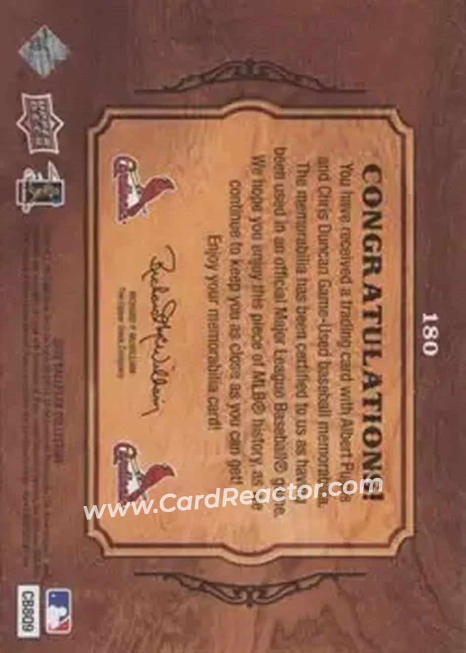 2008 Upper Deck Ballpark Collection #180 - Albert Pujols - Chris Duncan MEM - St. Louis Cardinals - St. Louis Cardinals - Back