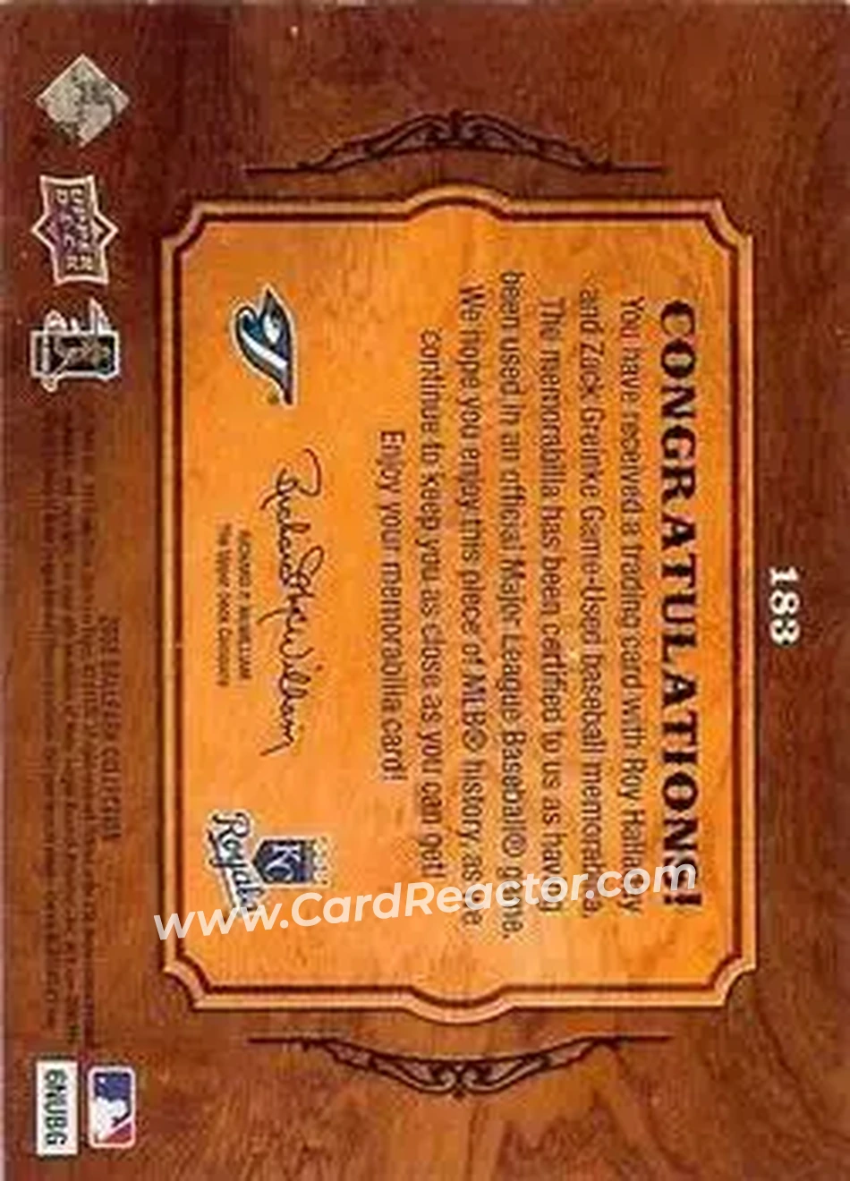 2008 Upper Deck Ballpark Collection #183 - Roy Halladay - Zack Greinke MEM - Toronto Blue Jays - Kansas City Royals - Back
