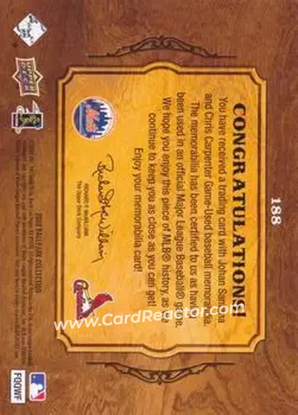 2008 Upper Deck Ballpark Collection #188 - Johan Santana - Chris Carpenter MEM - New York Mets - St. Louis Cardinals - Back