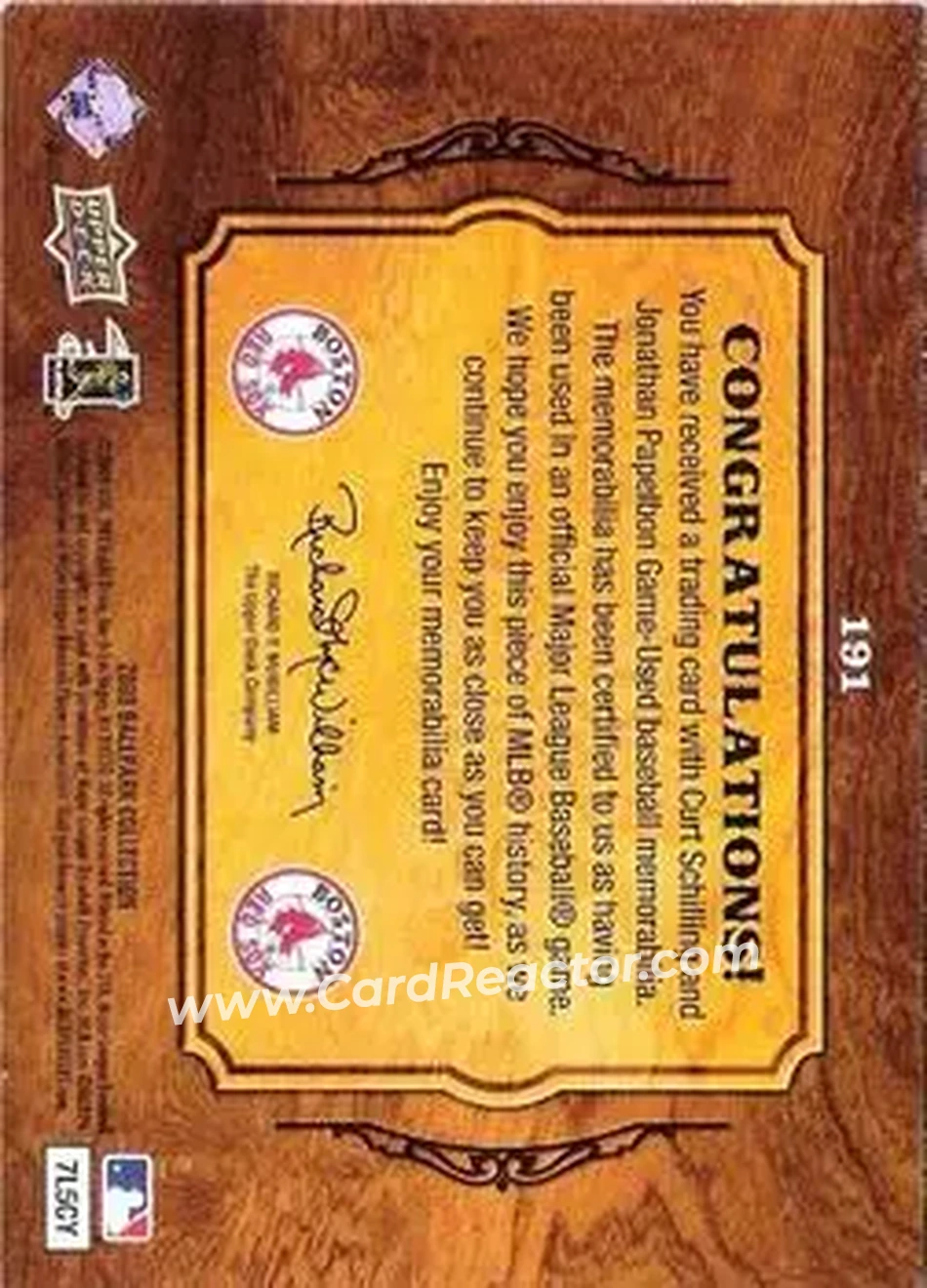 2008 Upper Deck Ballpark Collection #191 - Jonathan Papelbon - Curt Schilling MEM - Boston Red Sox - Boston Red Sox - Back
