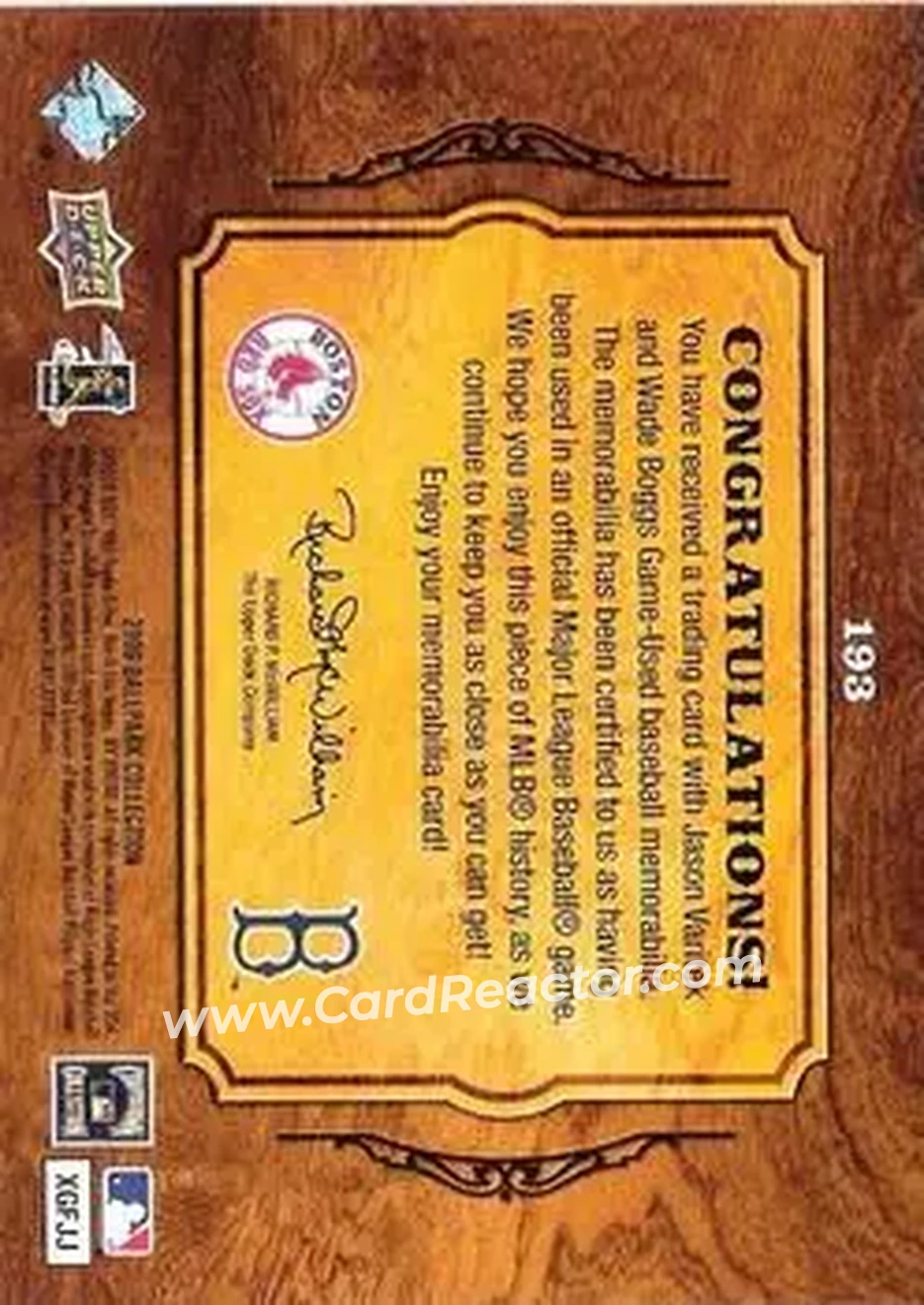 2008 Upper Deck Ballpark Collection #193 - Jason Varitek - Wade Boggs MEM - Boston Red Sox - Boston Red Sox - Back