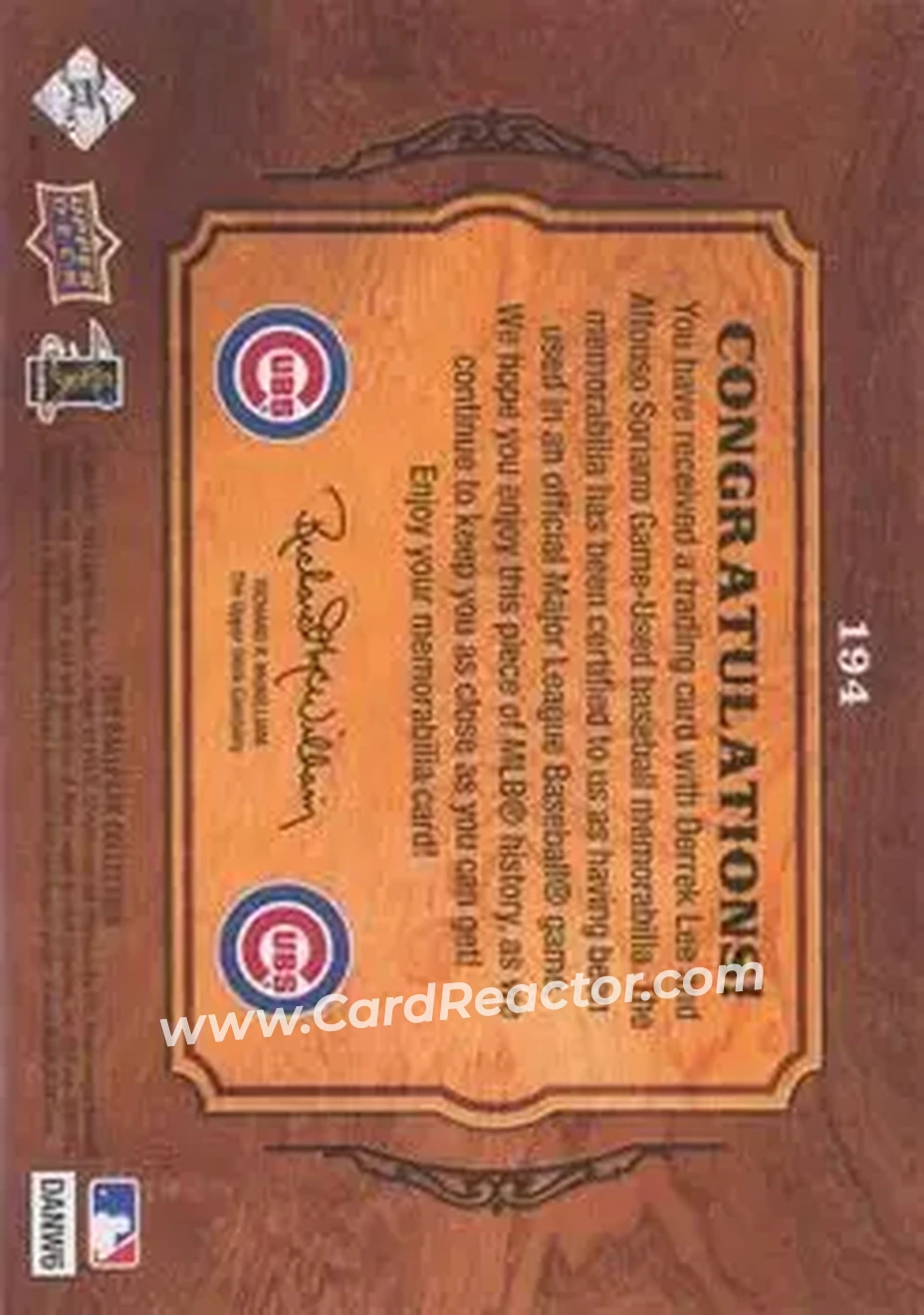 2008 Upper Deck Ballpark Collection #194 - Derrek Lee - Alfonso Soriano MEM - Chicago Cubs - Chicago Cubs - Back