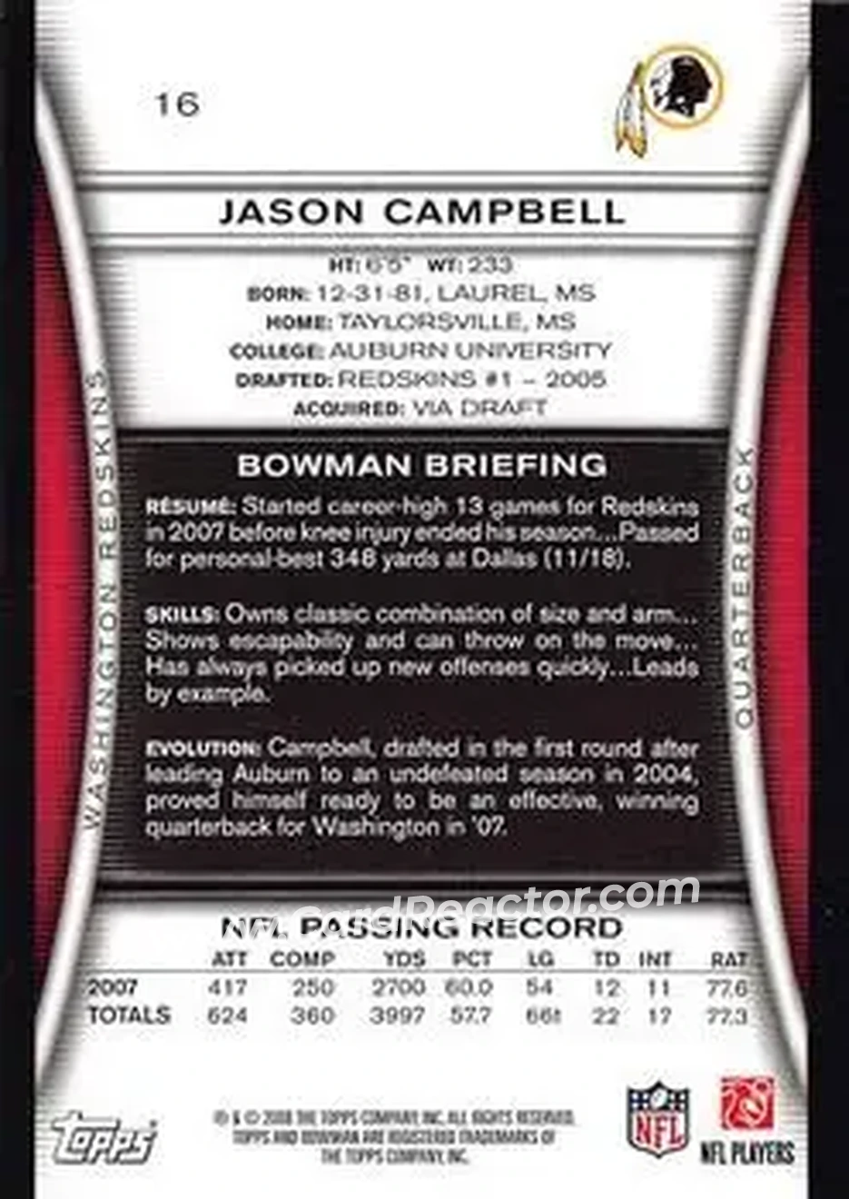 2008 Bowman #16 - Jason Campbell - Washington Redskins - Back