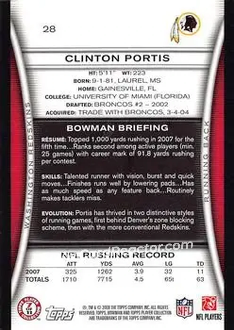 2008 Bowman #28 - Clinton Portis - Washington Redskins - Back