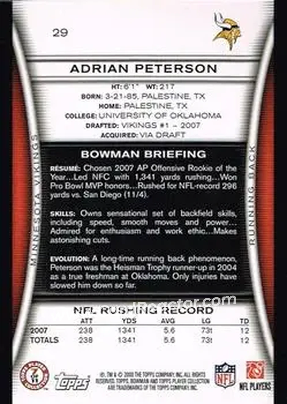 2008 Bowman #29 - Adrian Peterson - Minnesota Vikings - Back