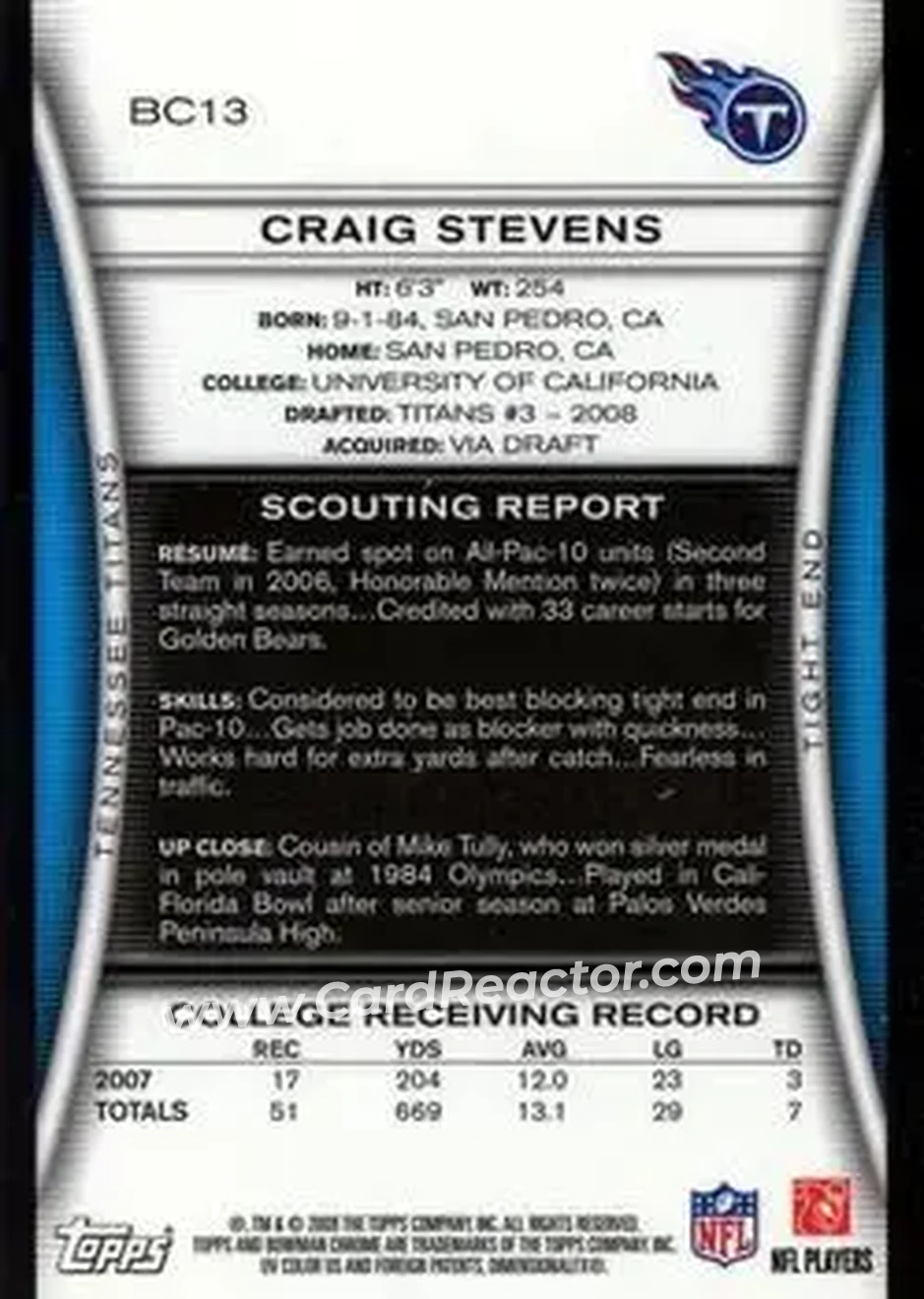 2008 Bowman Chrome #BC13 - Craig Stevens - Tennessee Titans - Back