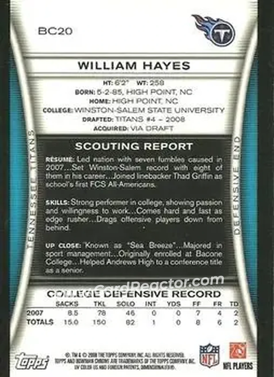 2008 Bowman Chrome #BC20 - William Hayes - Tennessee Titans - Back