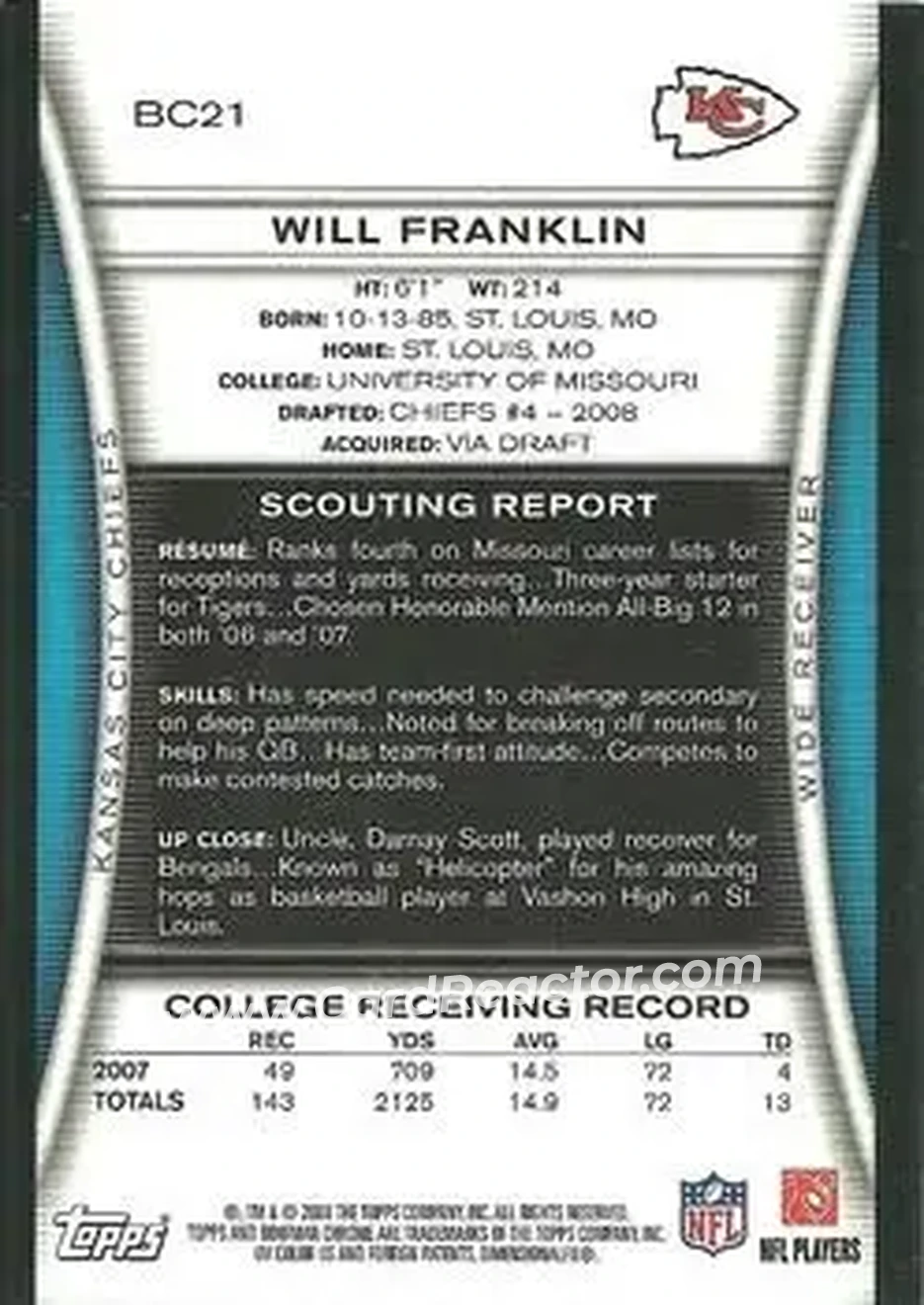 2008 Bowman Chrome #BC21 - Will Franklin - Kansas City Chiefs - Back