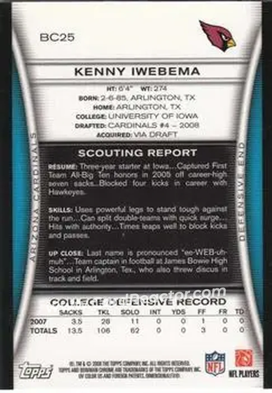 2008 Bowman Chrome #BC25 - Kenny Iwebema - Arizona Cardinals - Back