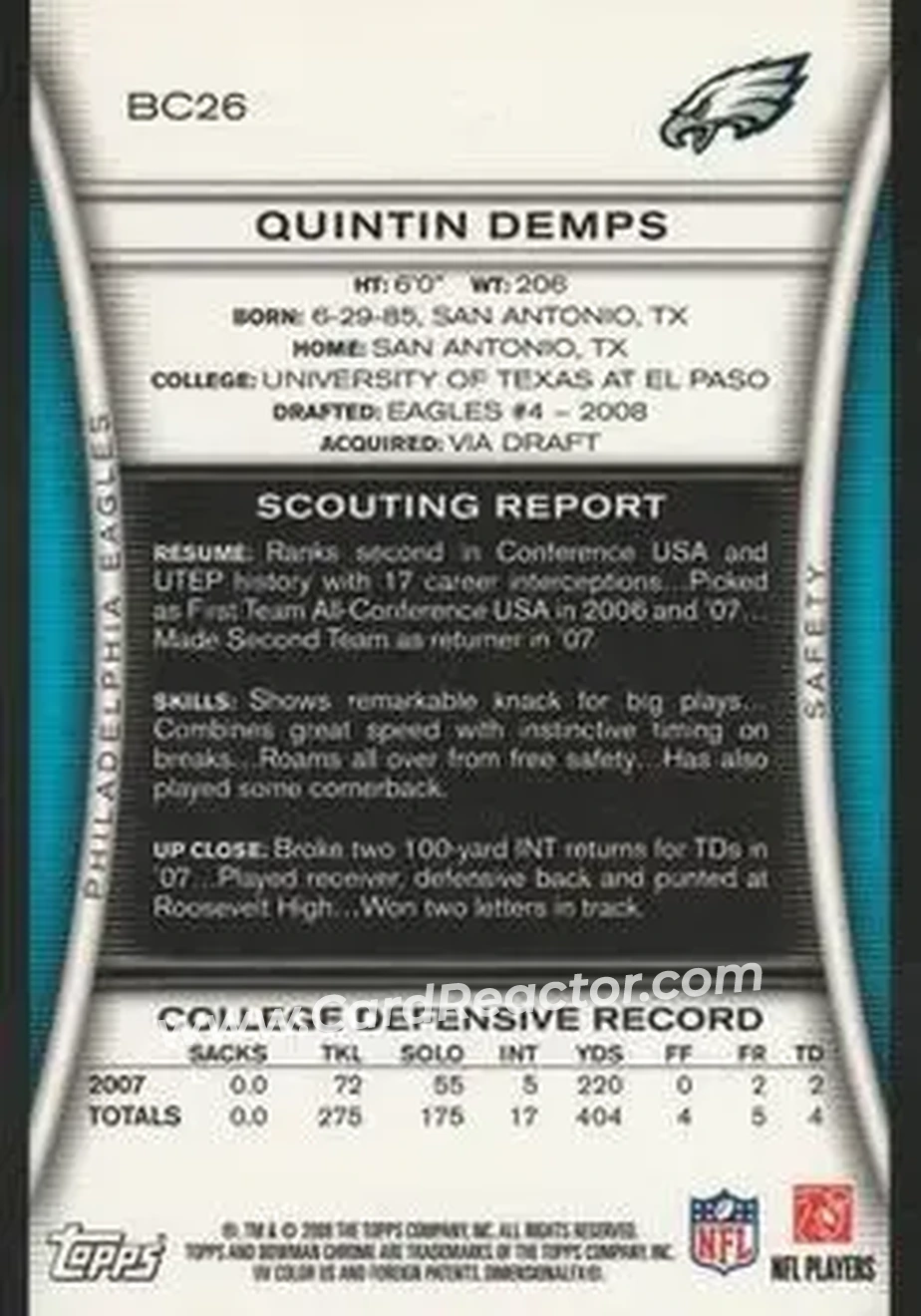 2008 Bowman Chrome #BC26 - Quintin Demps - Philadelphia Eagles - Back
