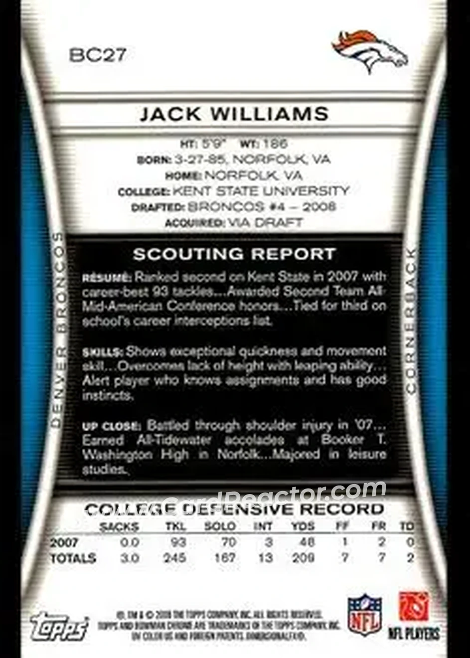 2008 Bowman Chrome #BC27 - Jack Williams - Denver Broncos - Back