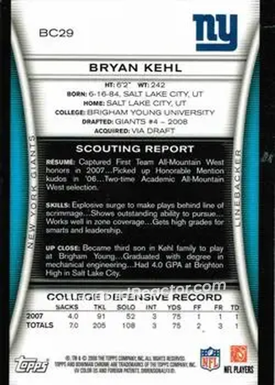 2008 Bowman Chrome #BC29 - Bryan Kehl - New York Giants - Back