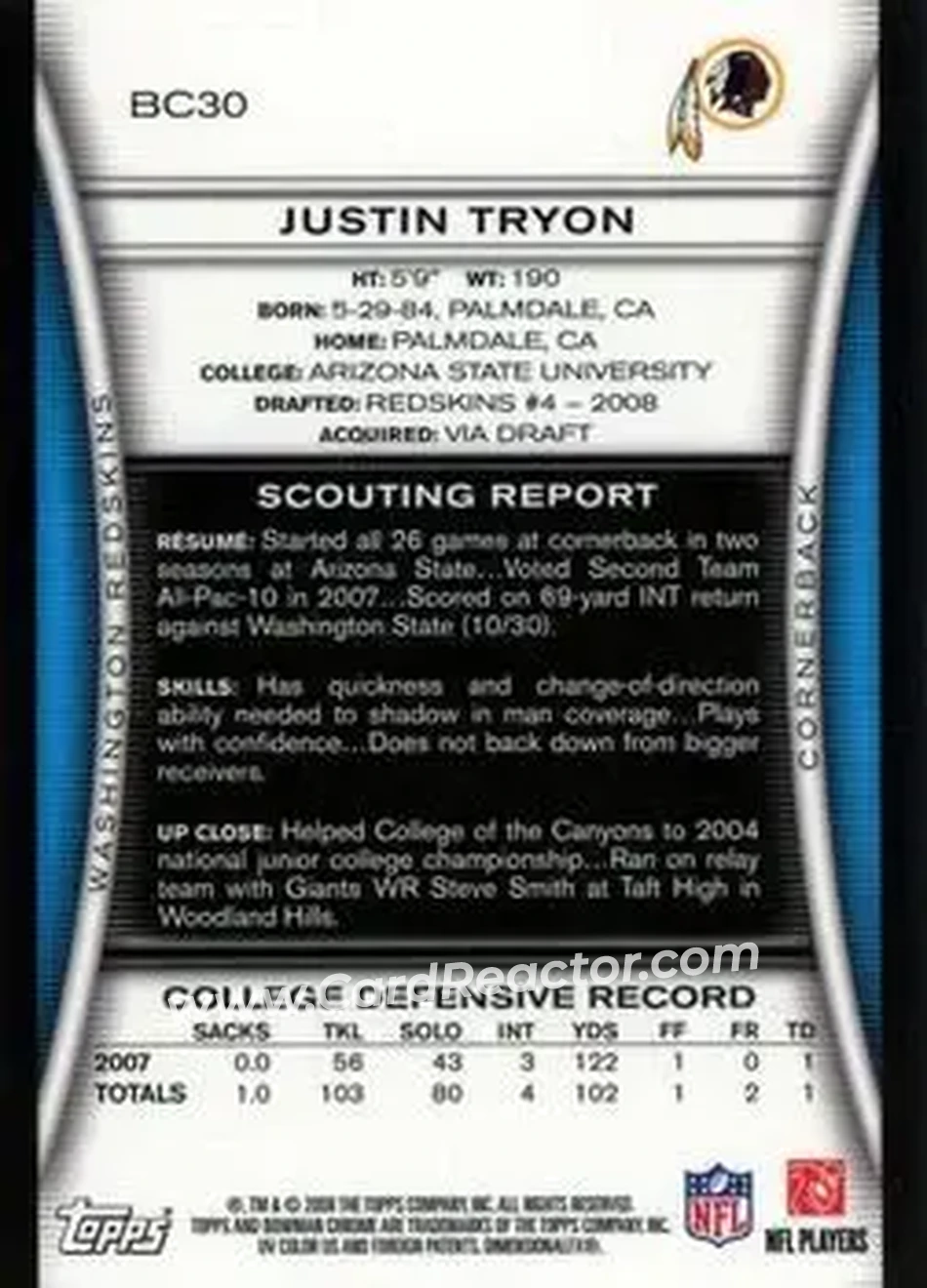 2008 Bowman Chrome #BC30 - Justin Tryon - Washington Redskins - Back