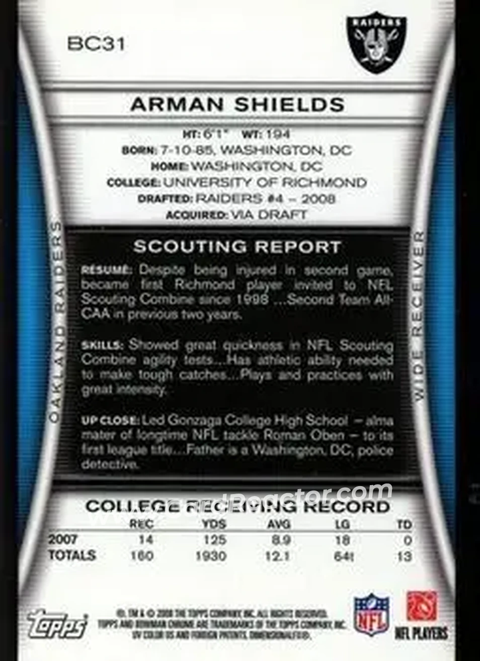 2008 Bowman Chrome #BC31 - Arman Shields - Oakland Raiders - Back