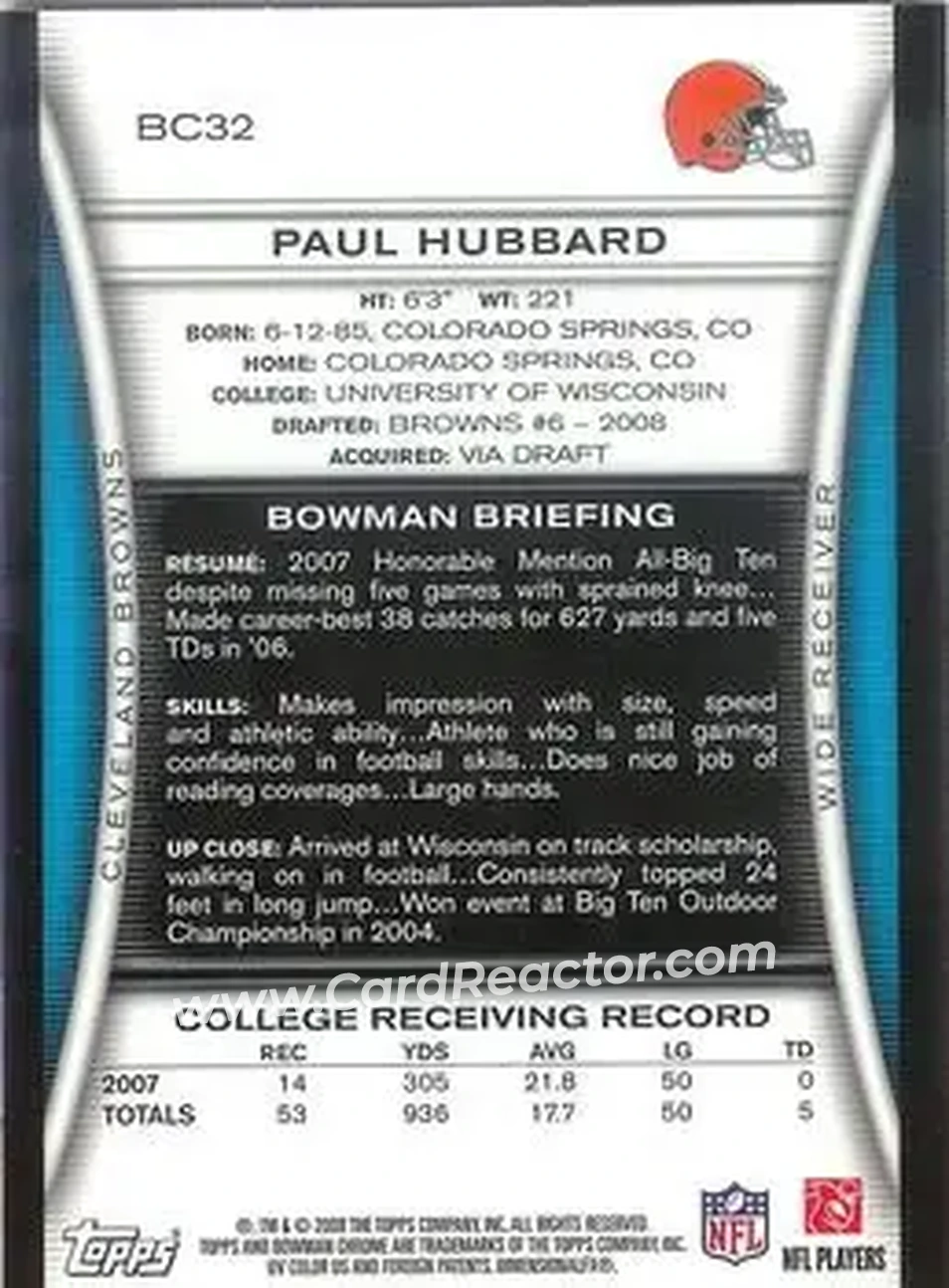 2008 Bowman Chrome #BC32 - Paul Hubbard - Cleveland Browns - Back
