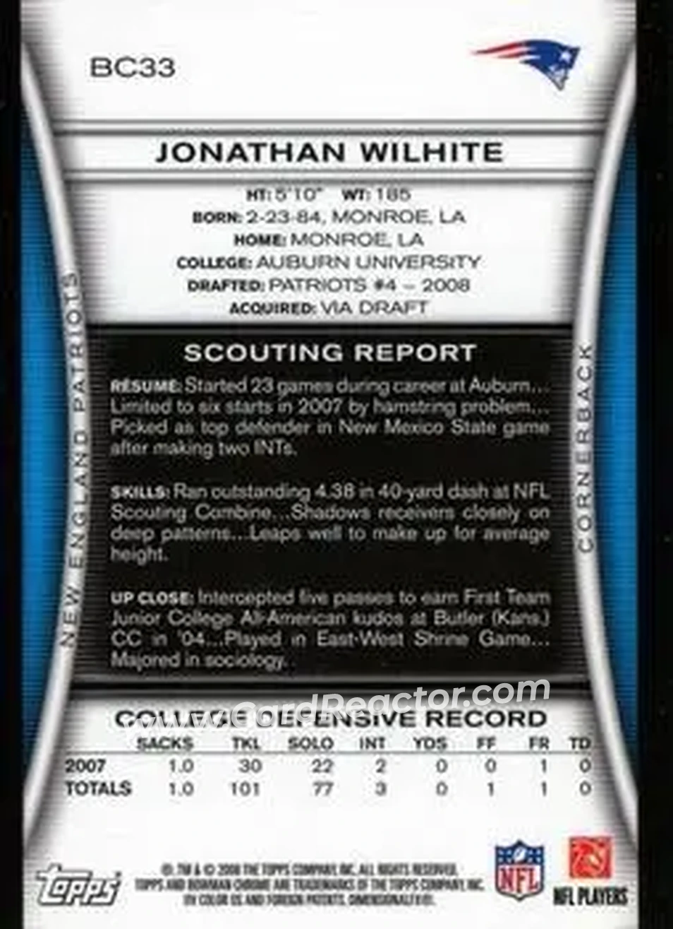 2008 Bowman Chrome #BC33 - Jonathan Wilhite - New England Patriots - Back