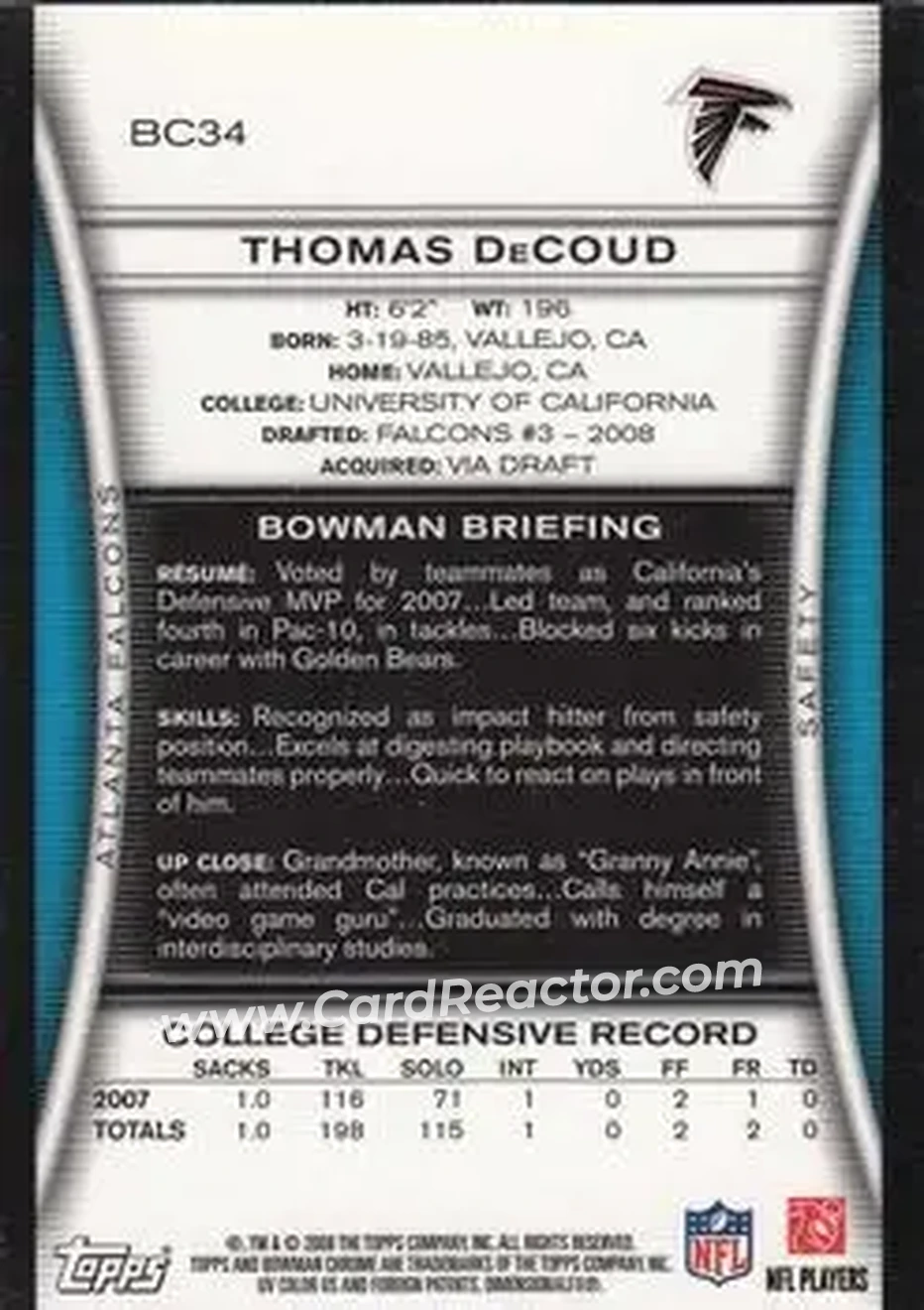 2008 Bowman Chrome #BC34 - Thomas DeCoud - Atlanta Falcons - Back