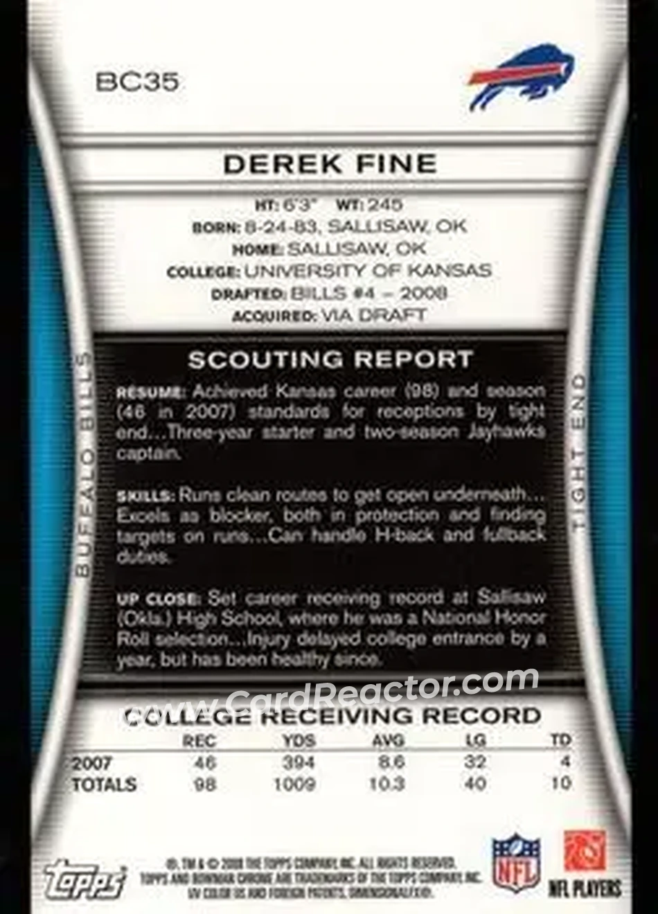 2008 Bowman Chrome #BC35 - Derek Fine - Buffalo Bills - Back