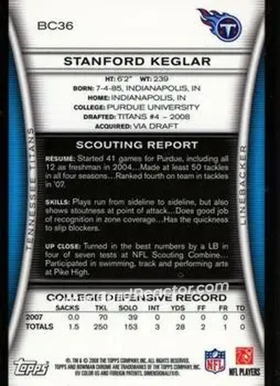 2008 Bowman Chrome #BC36 - Stanford Keglar - Tennessee Titans - Back