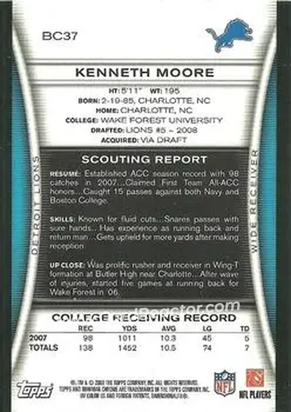 2008 Bowman Chrome #BC37 - Kenneth Moore - Detroit Lions - Back