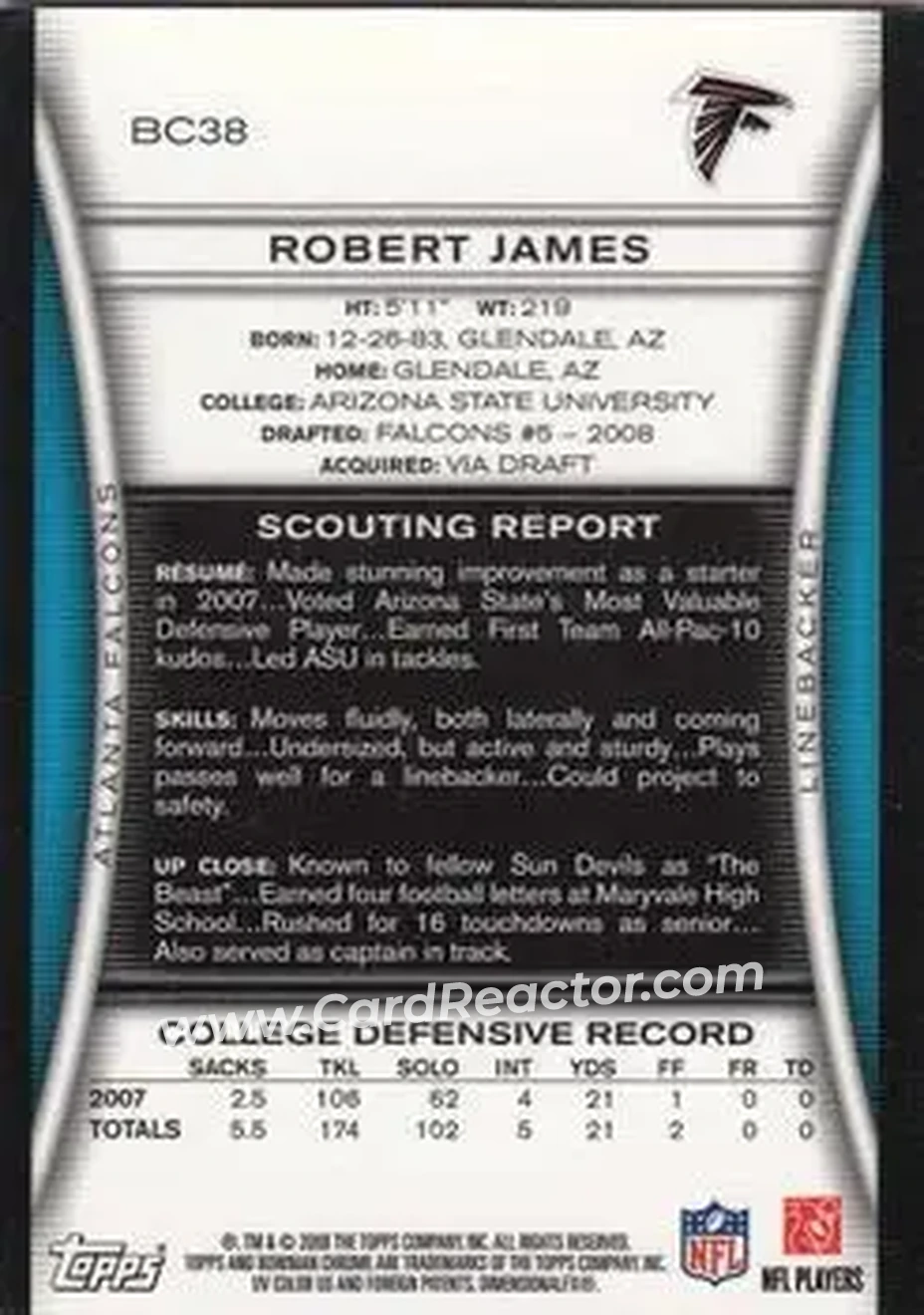 2008 Bowman Chrome #BC38 - Robert James - Atlanta Falcons - Back