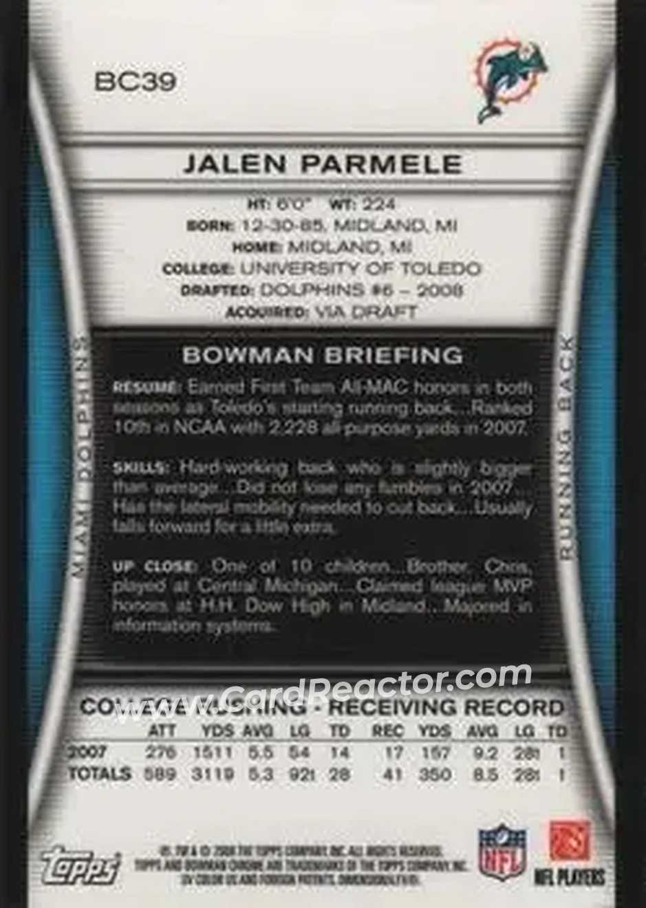 2008 Bowman Chrome #BC39 - Jalen Parmele - Miami Dolphins - Back