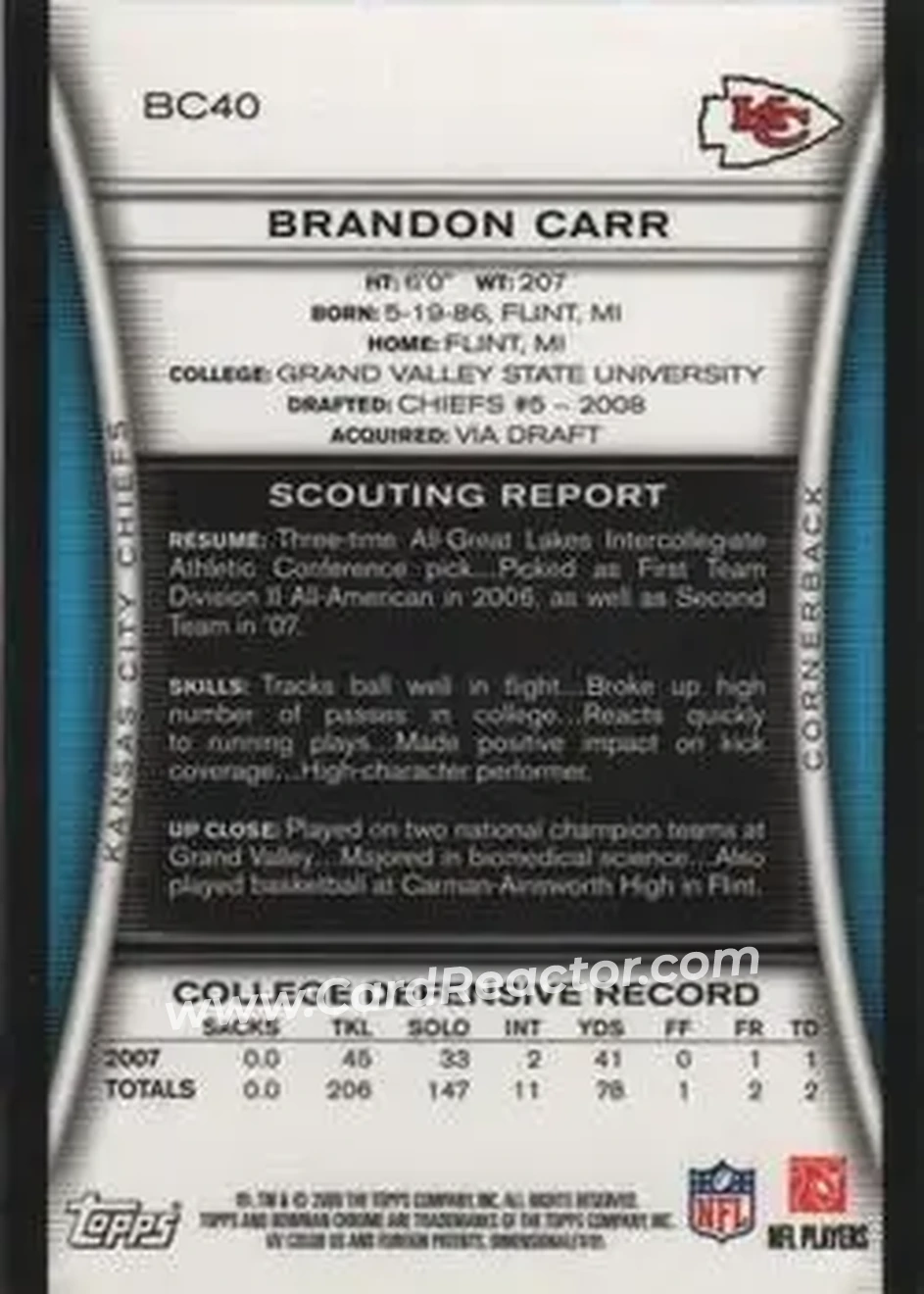 2008 Bowman Chrome #BC40 - Brandon Carr - Kansas City Chiefs - Back