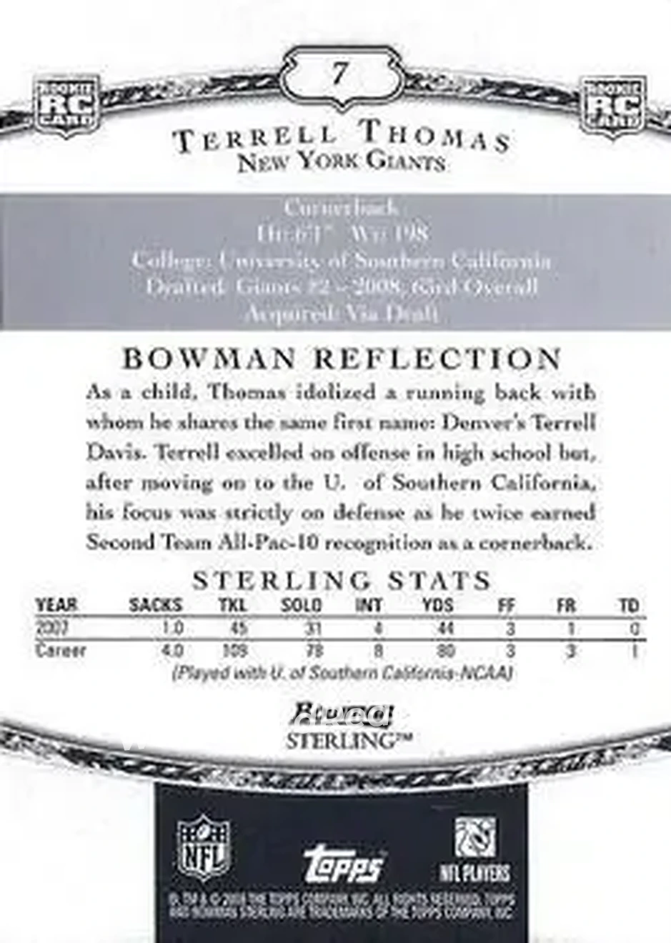 2008 Bowman Sterling #7 - Terrell Thomas - New York Giants - Back