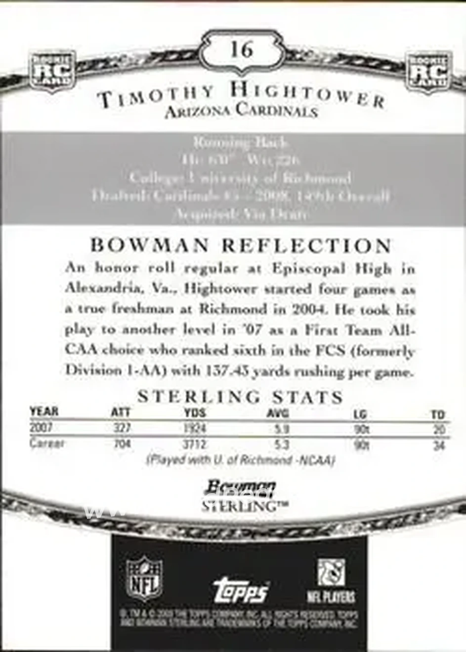 2008 Bowman Sterling #16 - Tim Hightower - Arizona Cardinals - Back
