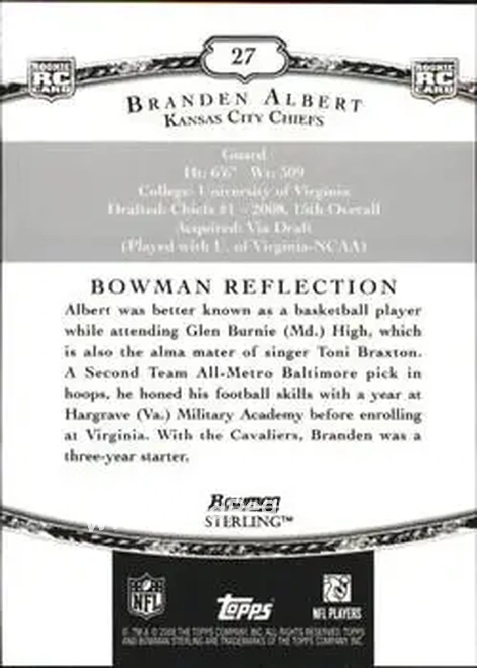 2008 Bowman Sterling #27 - Branden Albert - Kansas City Chiefs - Back