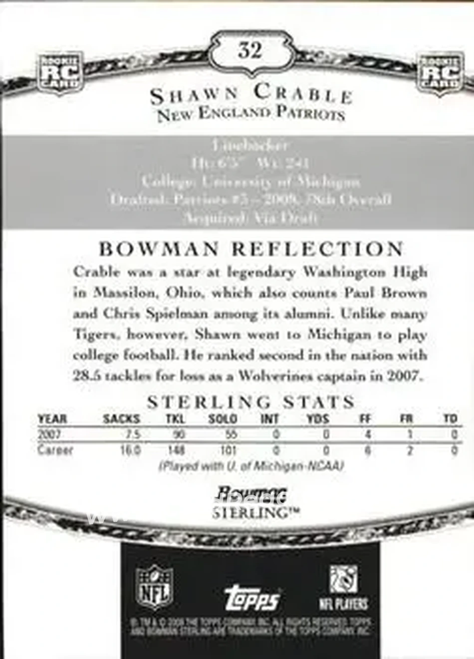 2008 Bowman Sterling #32 - Shawn Crable - New England Patriots - Back
