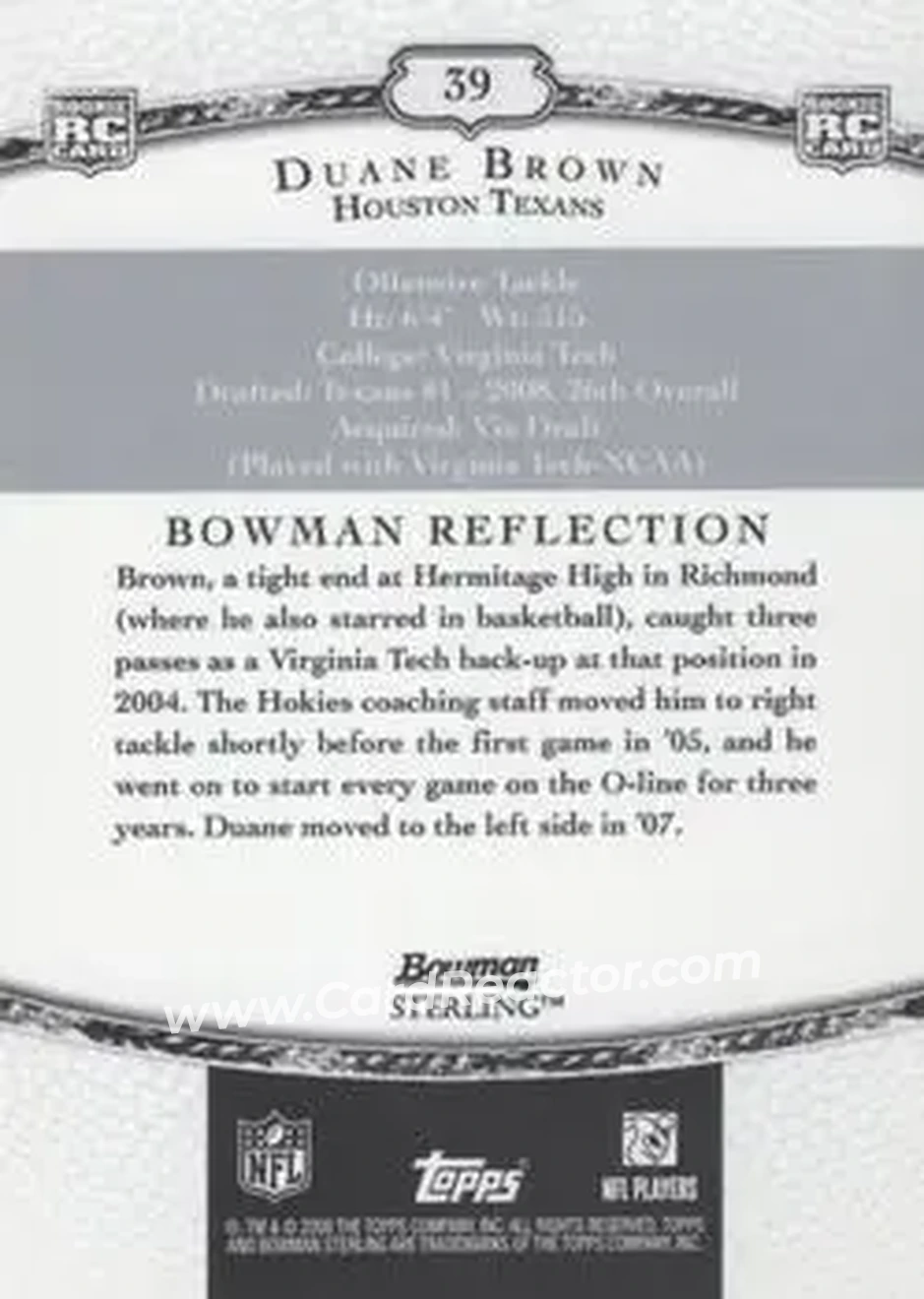 2008 Bowman Sterling #39 - Duane Brown - Houston Texans - Back