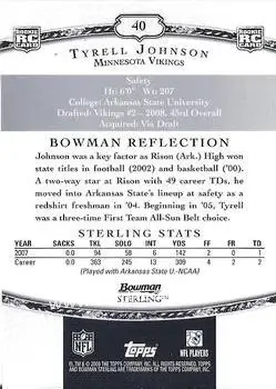 2008 Bowman Sterling #40 - Tyrell Johnson - Minnesota Vikings - Back
