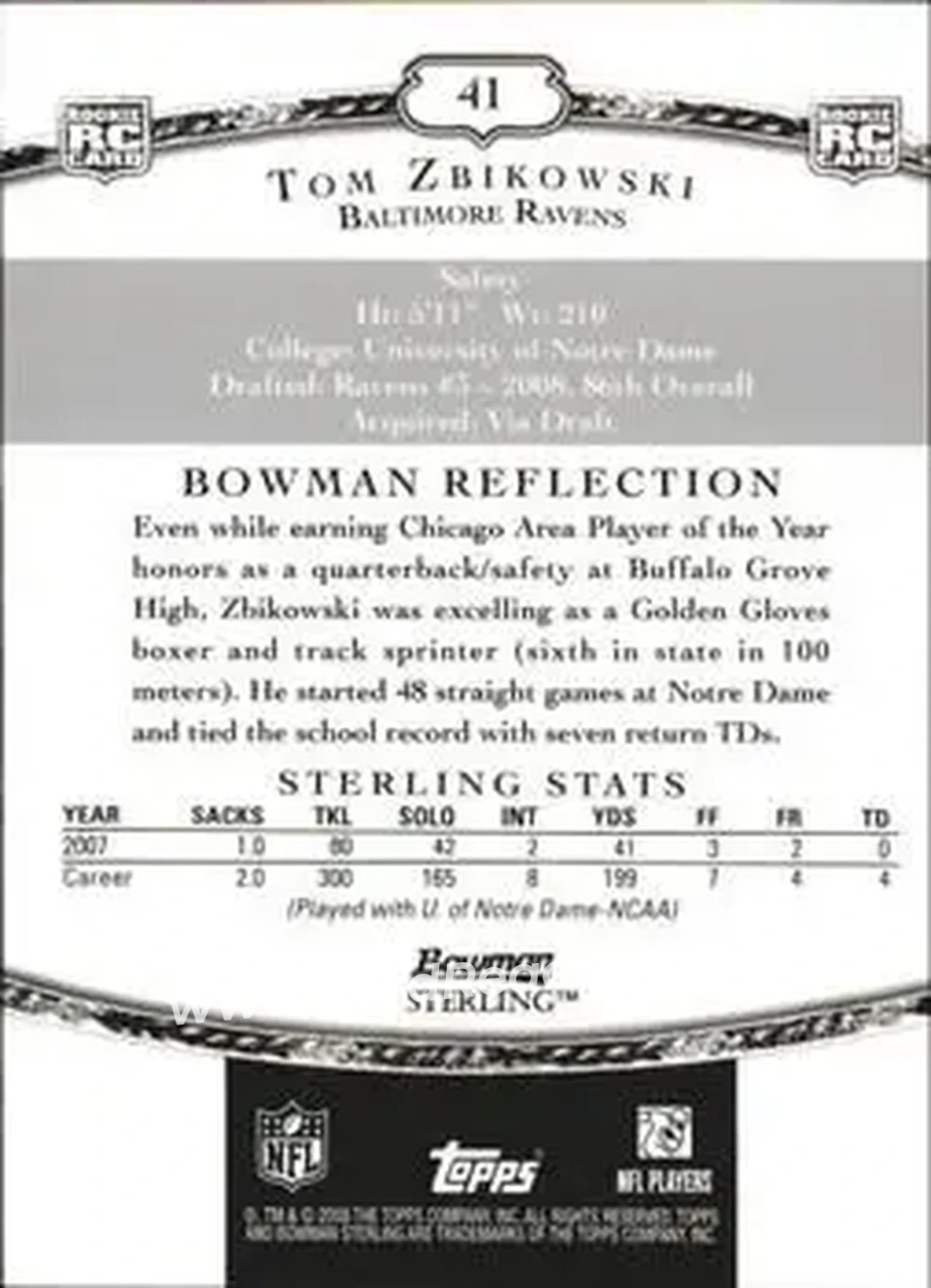 2008 Bowman Sterling #41 - Tom Zbikowski - Baltimore Ravens - Back