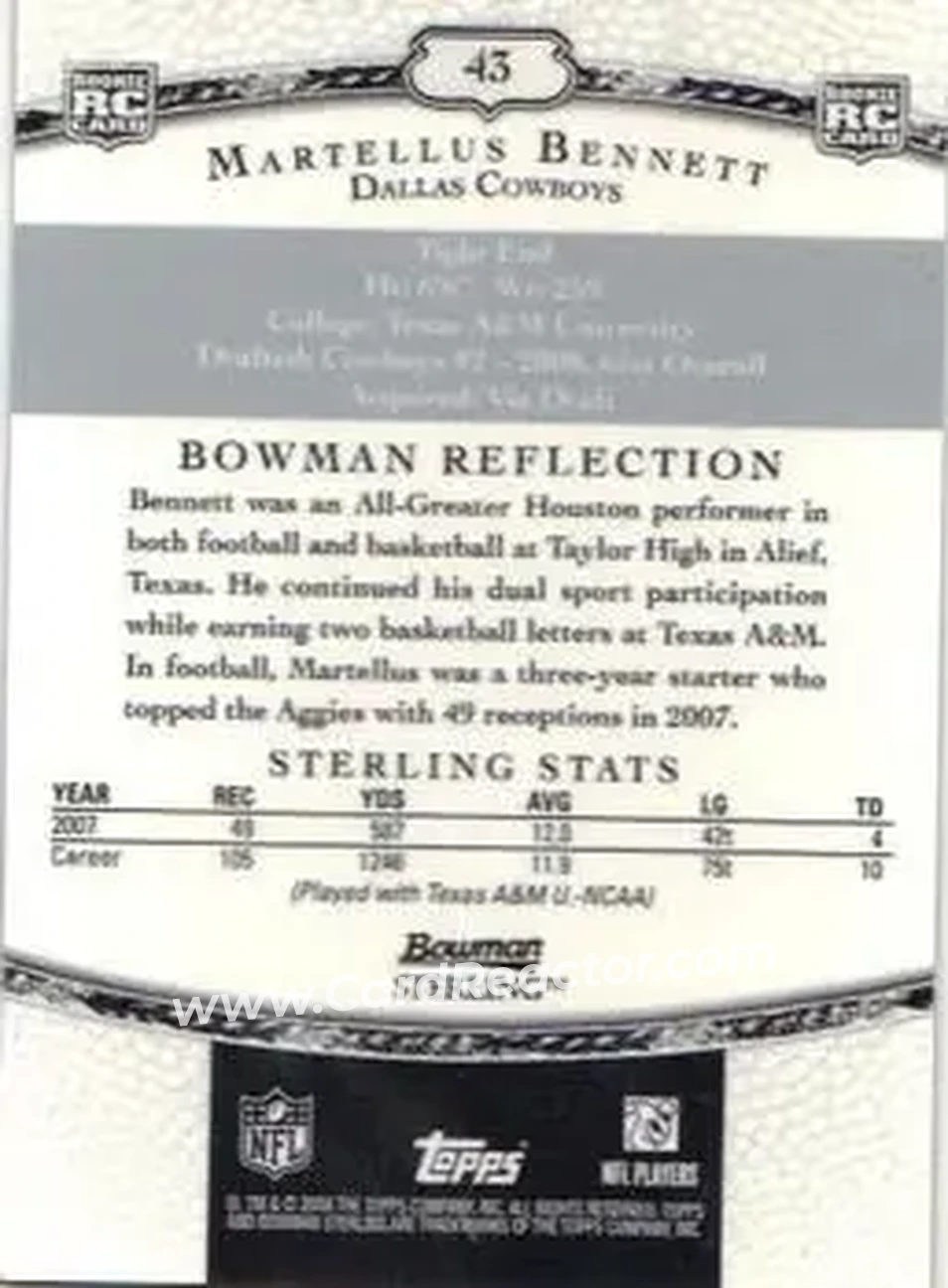 2008 Bowman Sterling #43 - Martellus Bennett - Dallas Cowboys - Back 2008 Bowman Sterling #43 - Martellus Bennett - Dallas Cowboys - Back