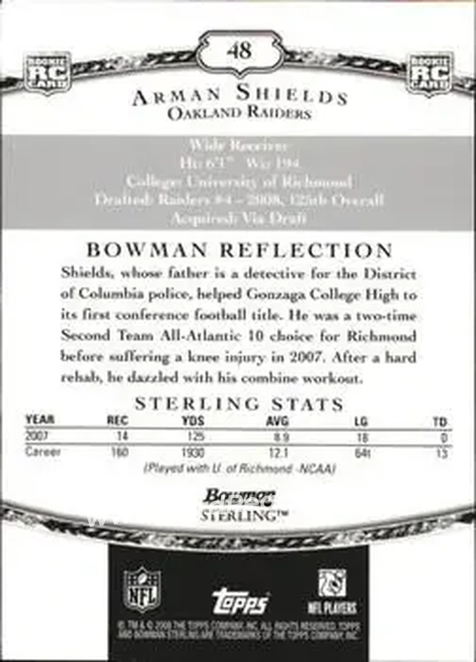 2008 Bowman Sterling #48 - Arman Shields - Oakland Raiders - Back