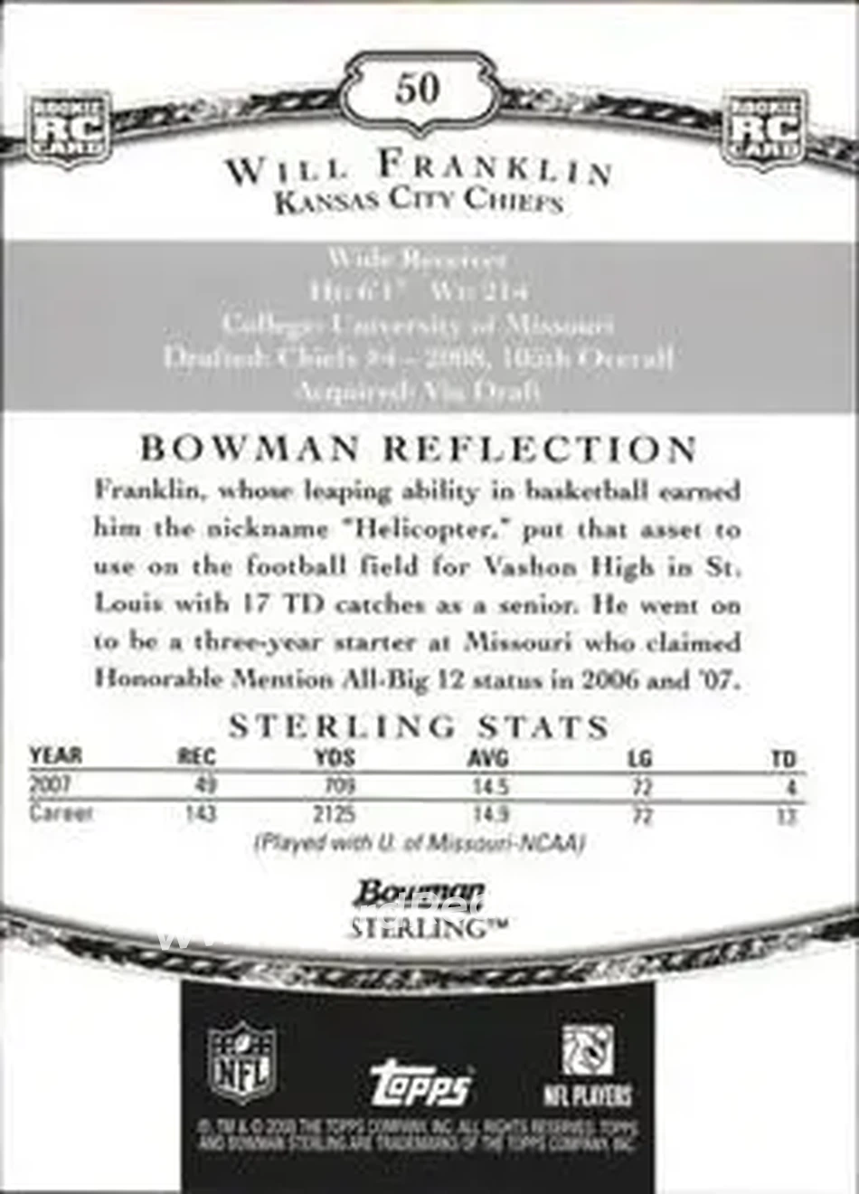 2008 Bowman Sterling #50 - Will Franklin - Kansas City Chiefs - Back
