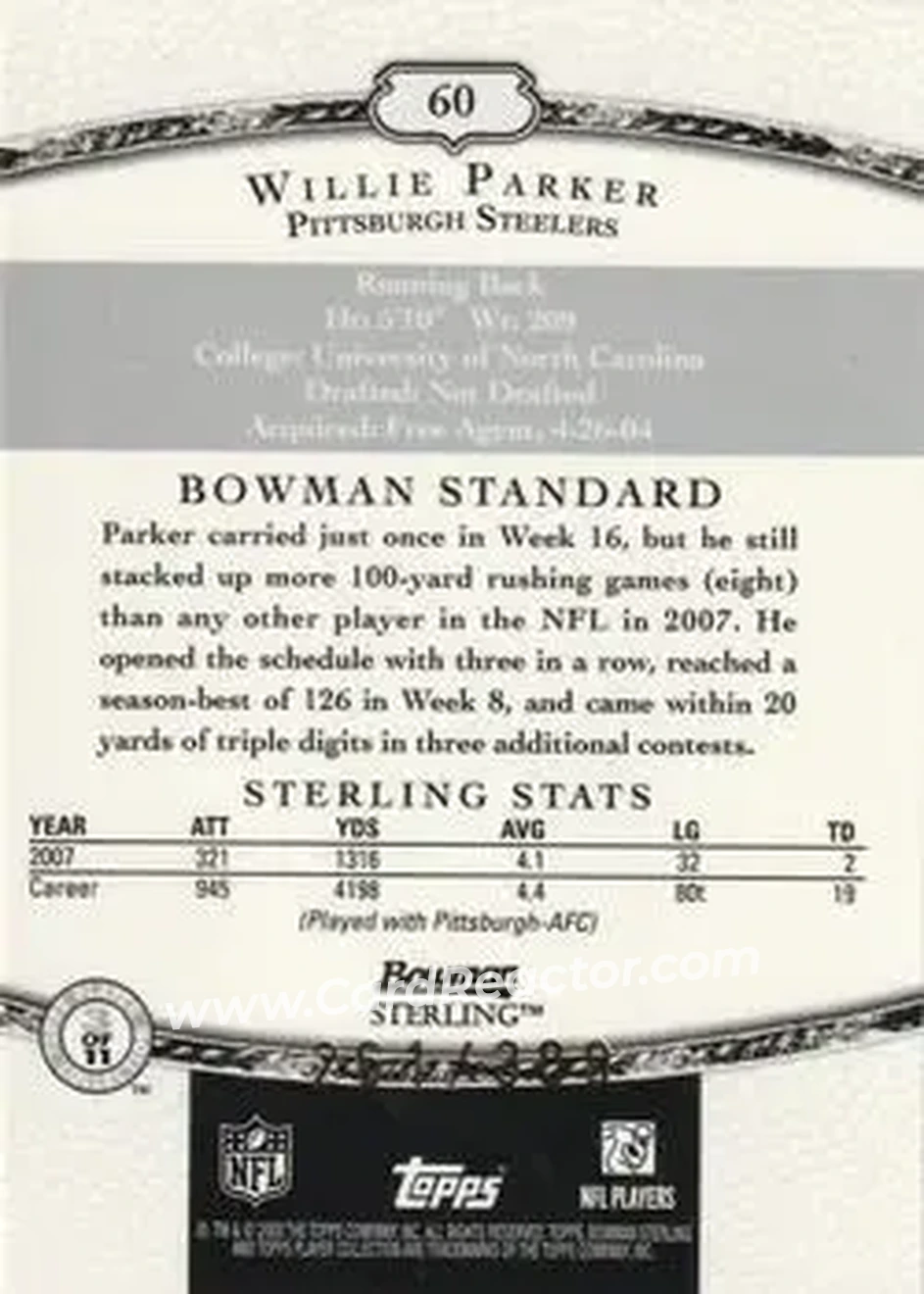 2008 Bowman Sterling #60 - Willie Parker - Pittsburgh Steelers - Back