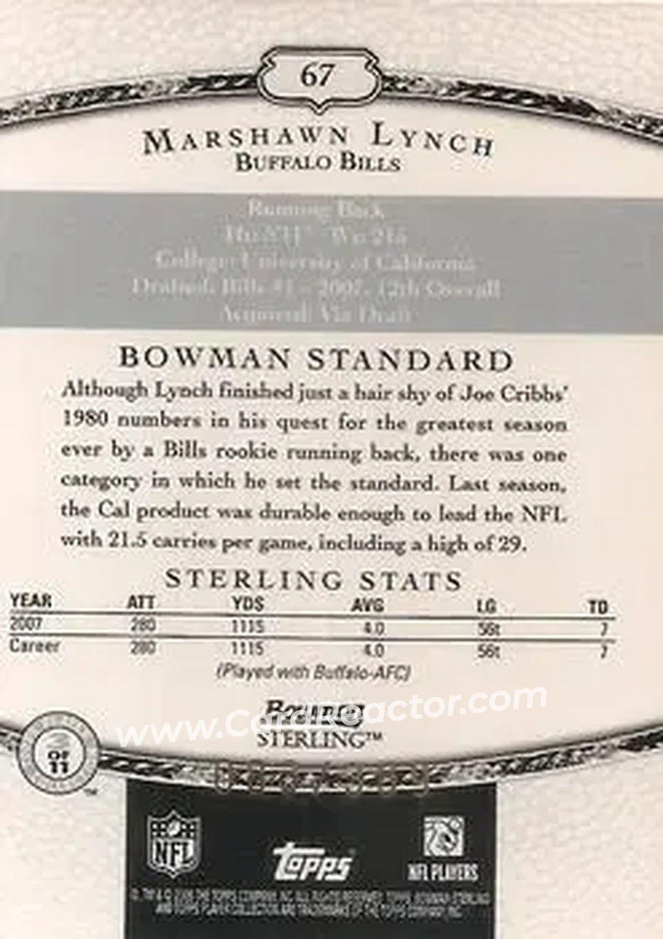 2008 Bowman Sterling #67 - Marshawn Lynch - Buffalo Bills - Back 2008 Bowman Sterling #67 - Marshawn Lynch - Buffalo Bills - Back